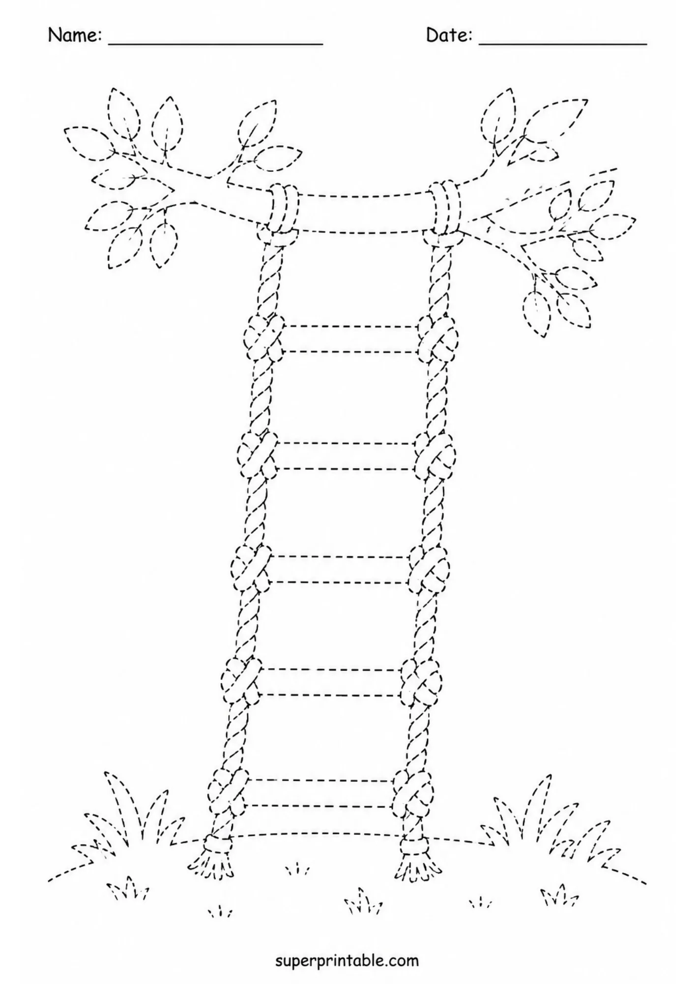 Tracing activity page showing a rope ladder hanging from a tree branch down to the grass.