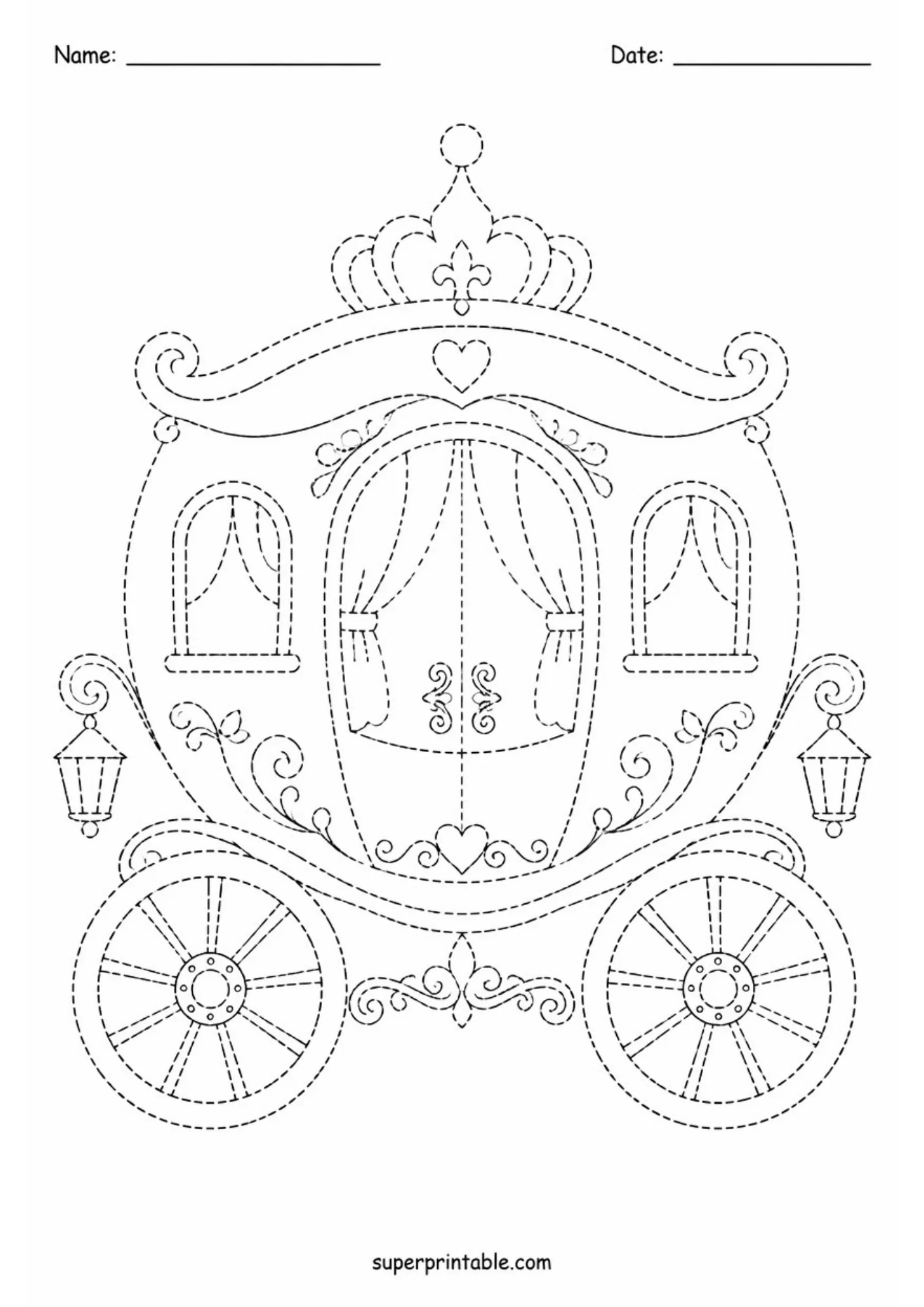 Fairy tale royal carriage tracing page with large wheels and crown ornamentation.