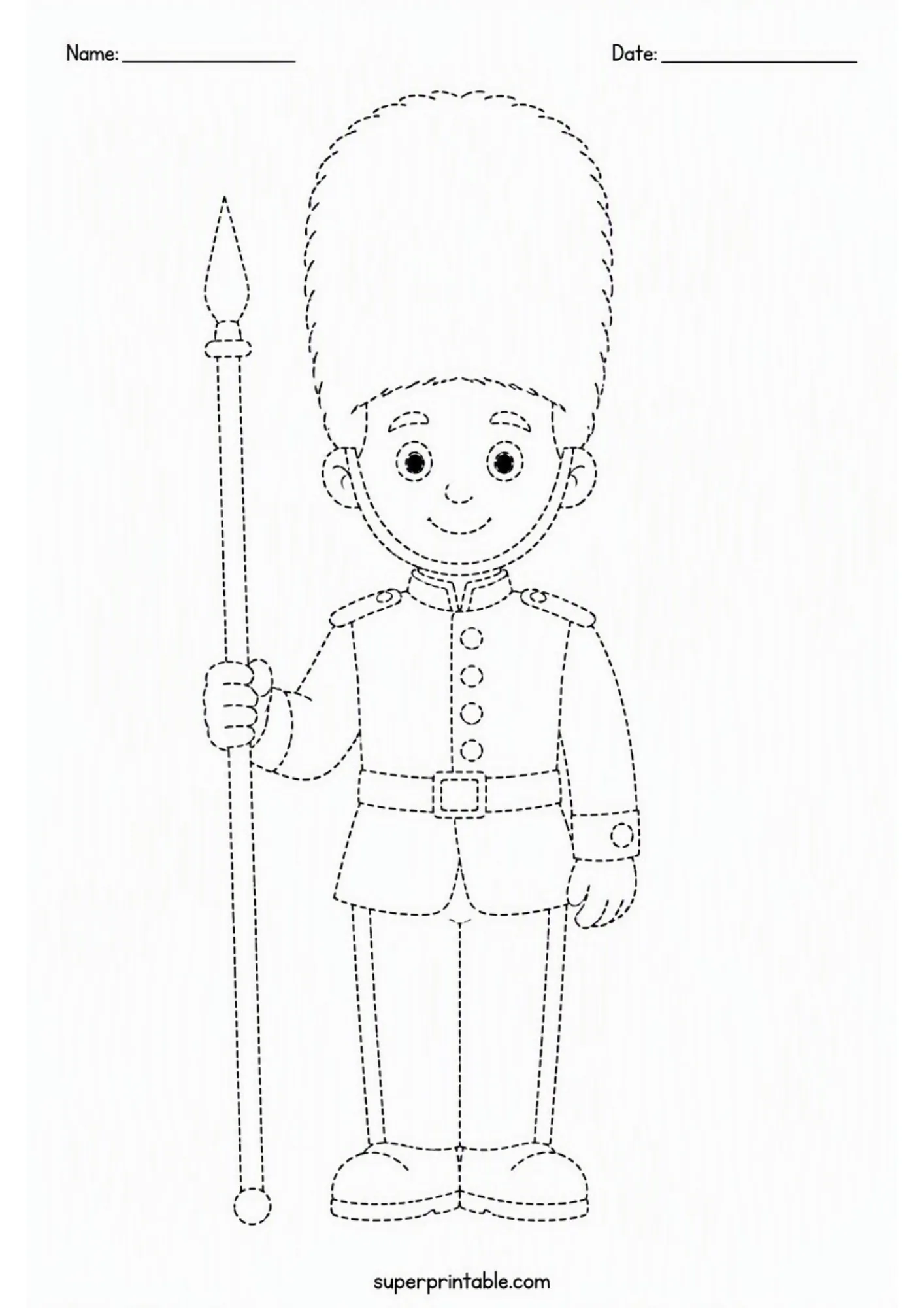 Cute royal guard tracing worksheet with tall hat and spear line art for kids.