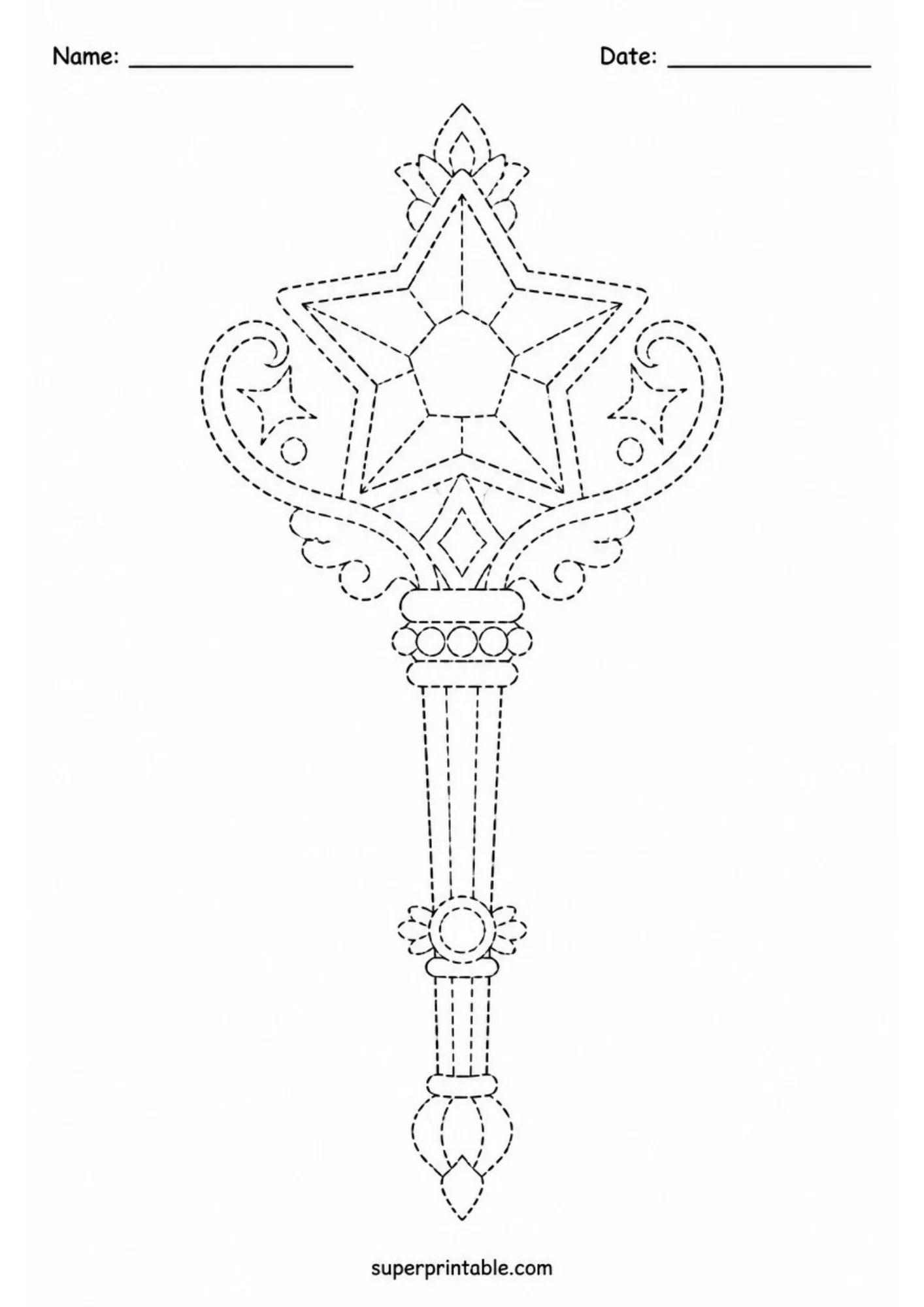 Detailed royal scepter line art tracing page with star ornament for preschool motor skills.