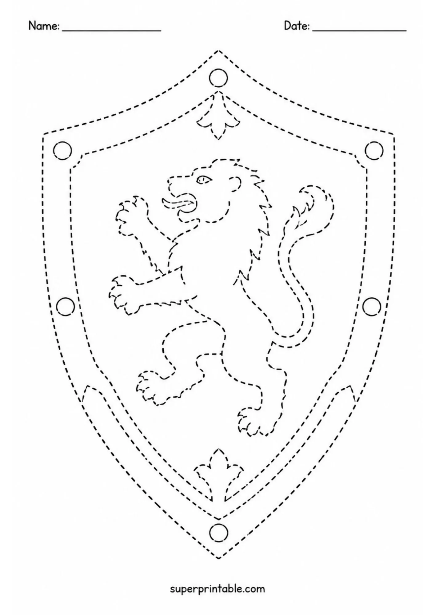 Heraldic royal shield tracing activity page with a central rampant lion motif.