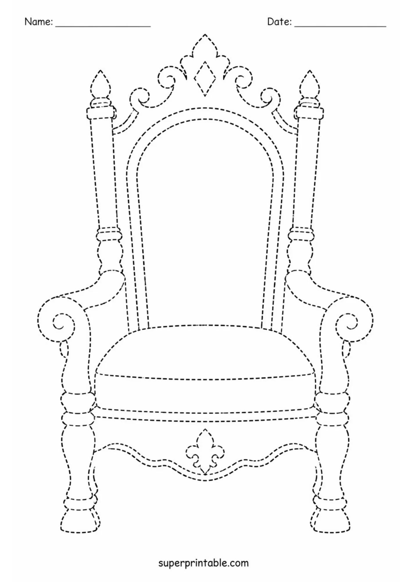 Royal court activity worksheets showing a ornate throne chair tracing page.