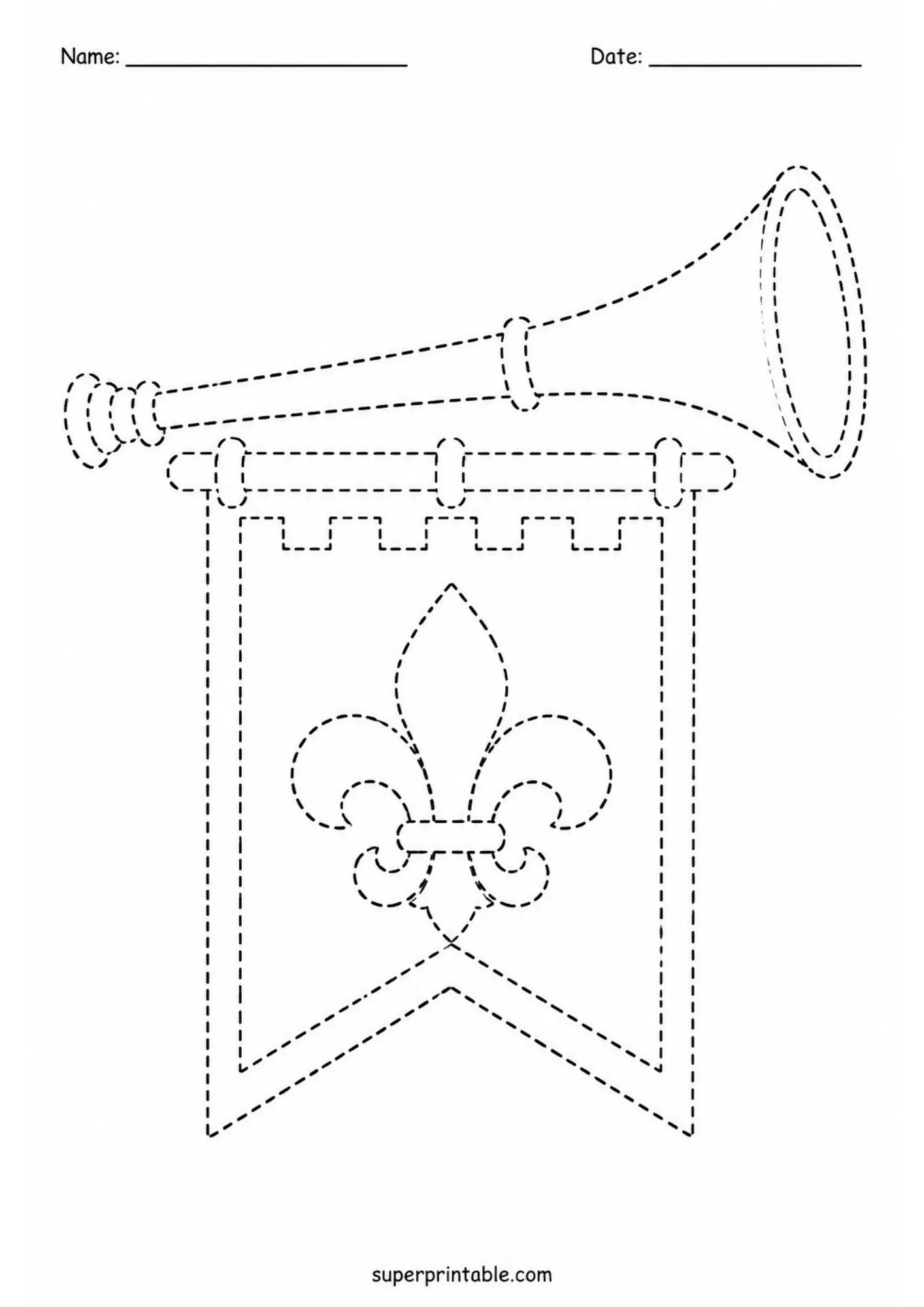 Royal herald trumpet and banner tracing sheet with fleur-de-lis symbol for children.