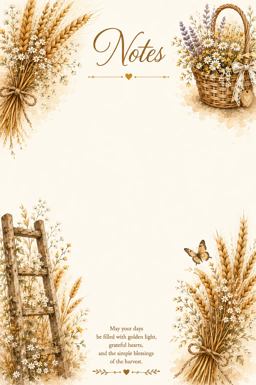 Rustic wheat bundles, wildflowers, basket and vintage ladder framing a printable writing page.