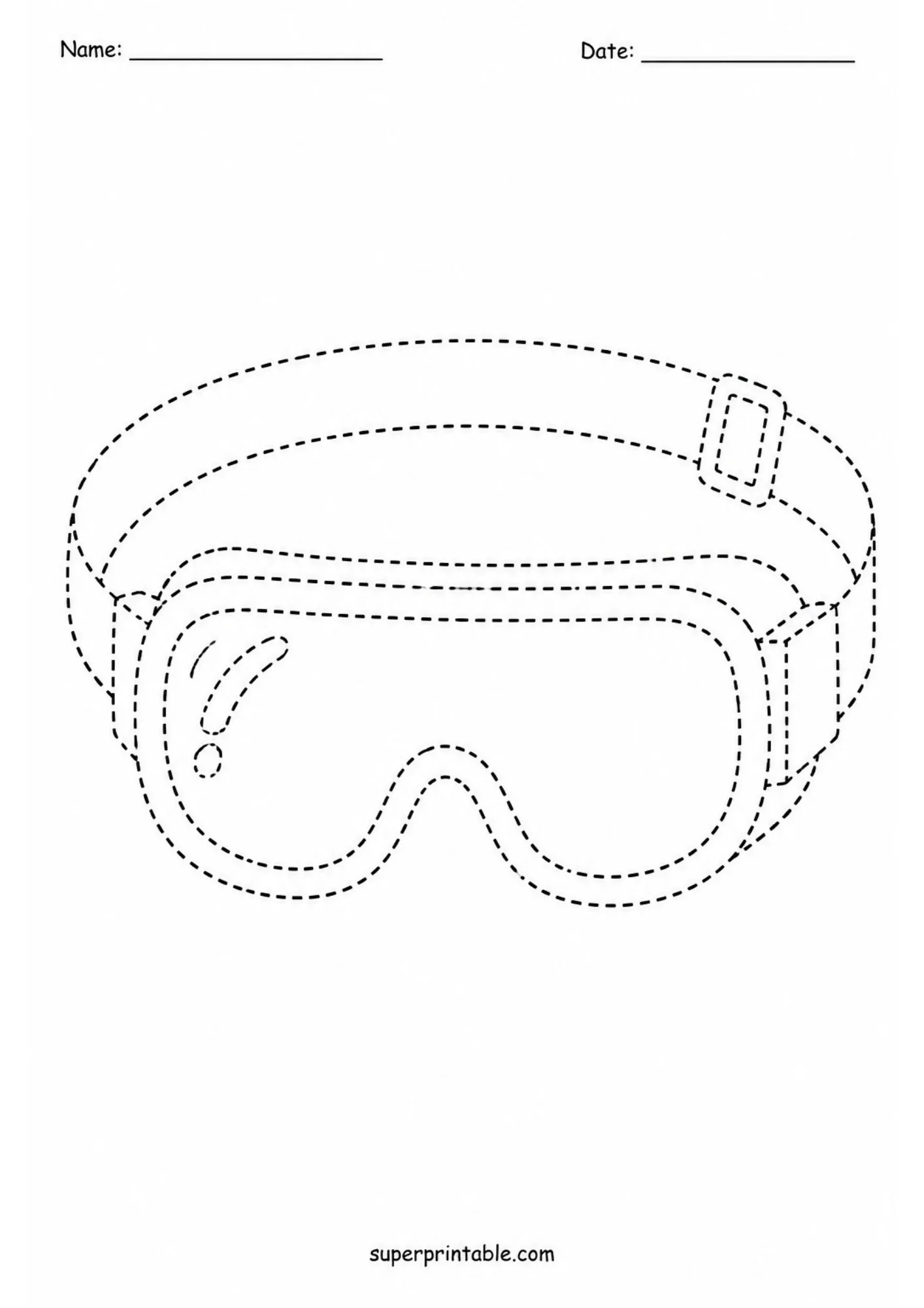 Traceable line drawing of protective laboratory safety goggles on a printable worksheet.