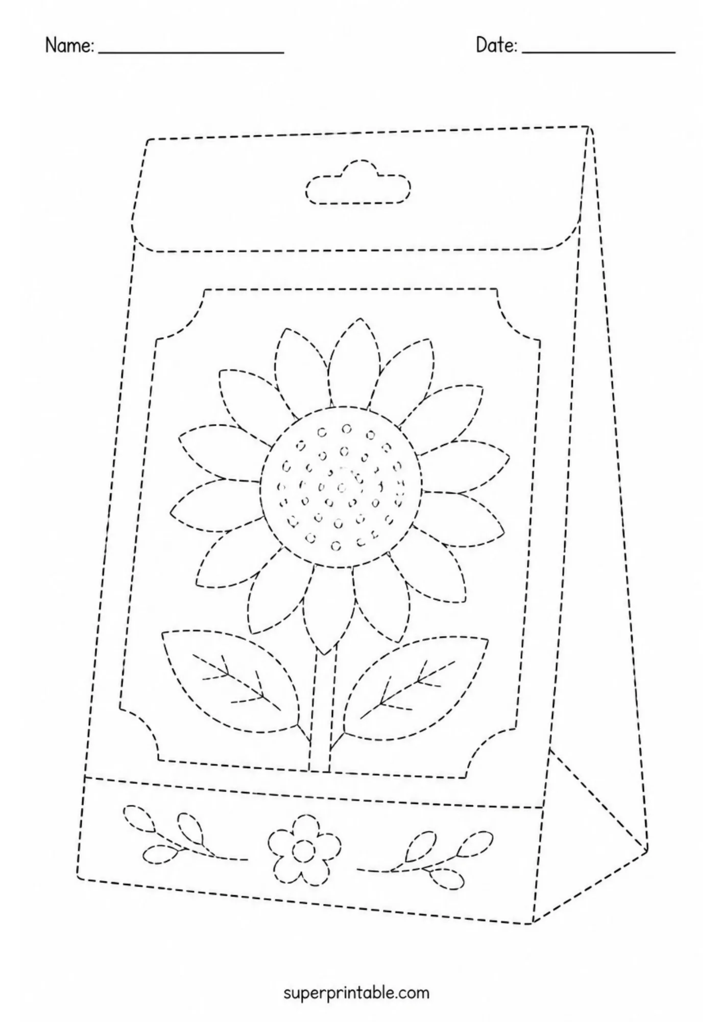 Seed packet line tracing worksheet with sunflower illustration for garden tools activity worksheets.