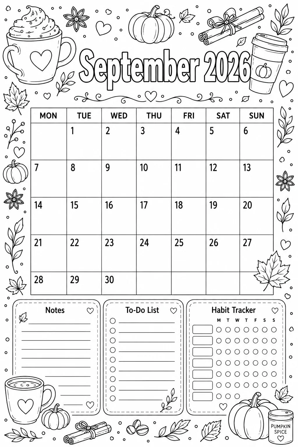 Printable September 2026 pumpkin spice Monday-start planner calendar coloring sheet