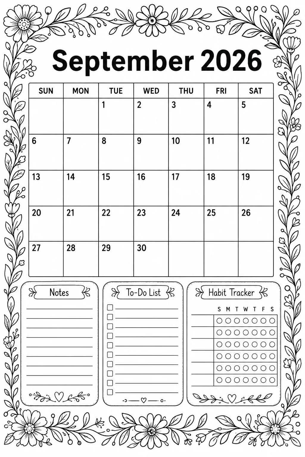 Printable September 2026 floral border Sunday-start planner calendar coloring sheet