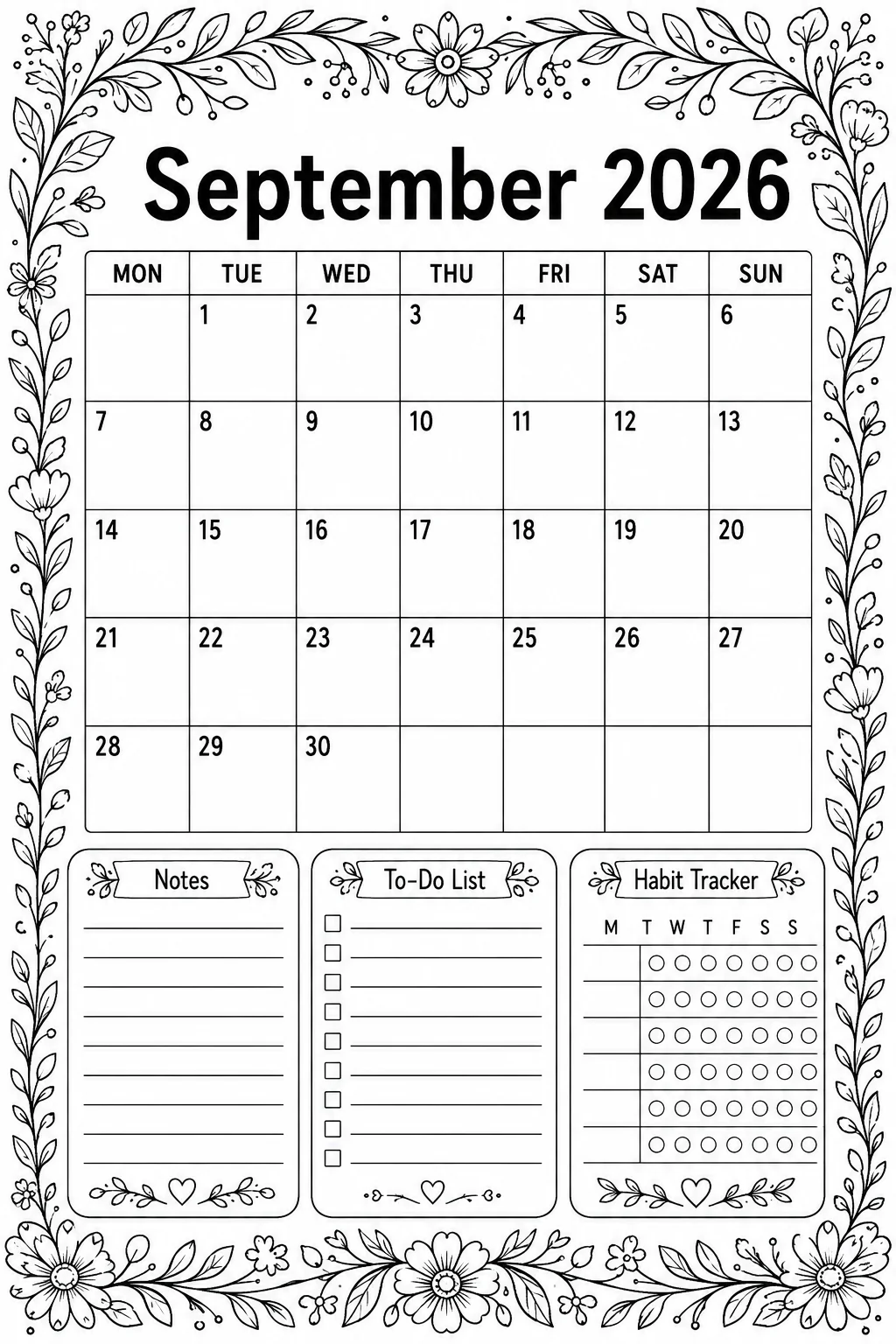 Printable September 2026 floral border Monday-start planner calendar coloring sheet