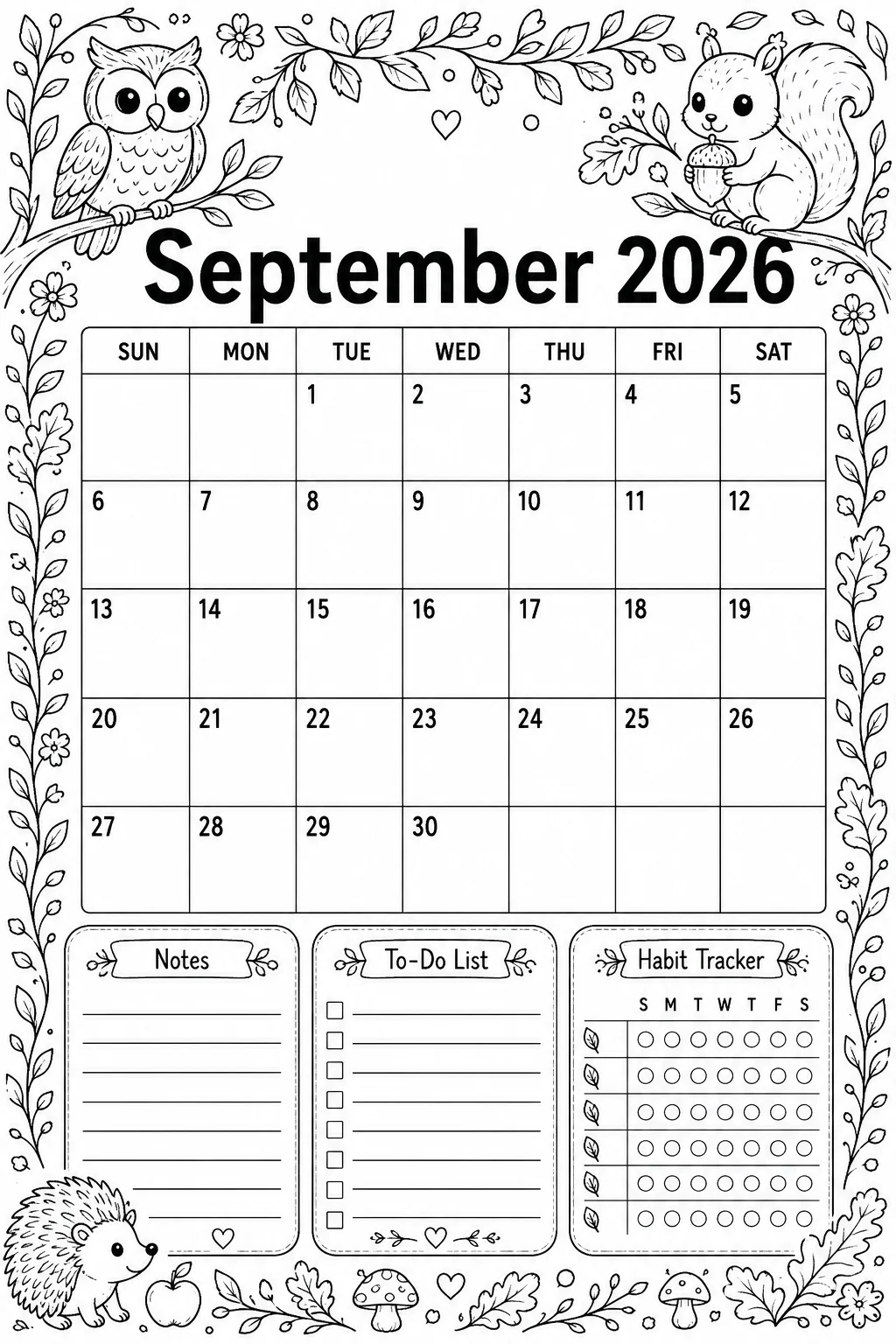 Printable September 2026 woodland animals Sunday-start planner calendar coloring sheet