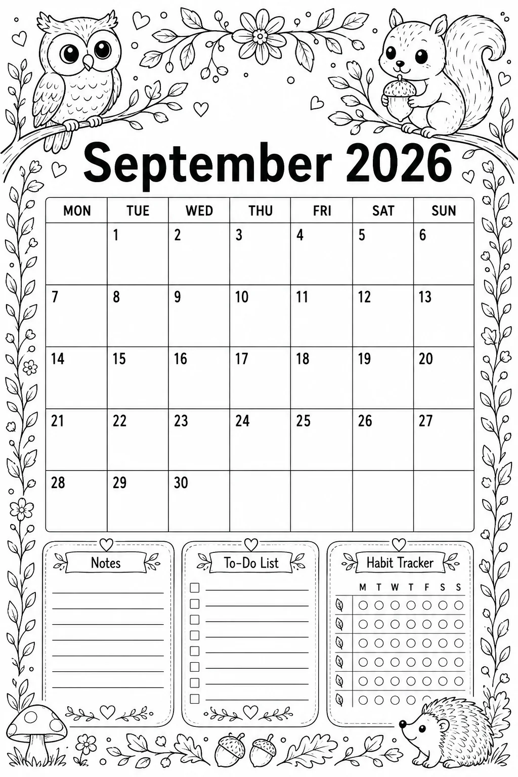 Printable September 2026 woodland animals Monday-start planner calendar coloring sheet