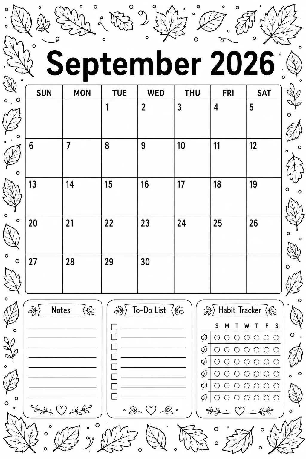 Printable September 2026 falling leaves Sunday-start planner calendar coloring sheet
