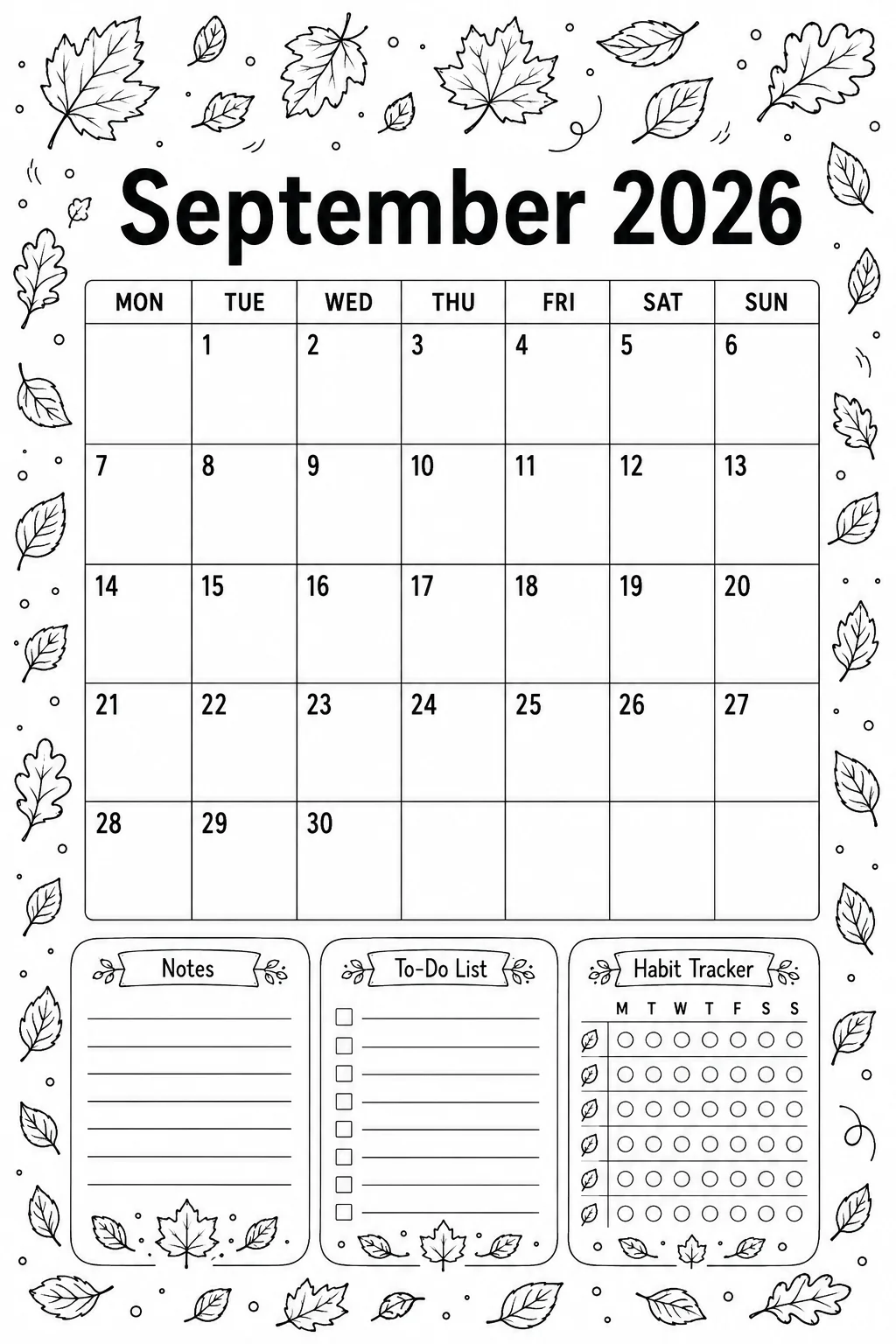 Printable September 2026 falling leaves Monday-start planner calendar coloring sheet