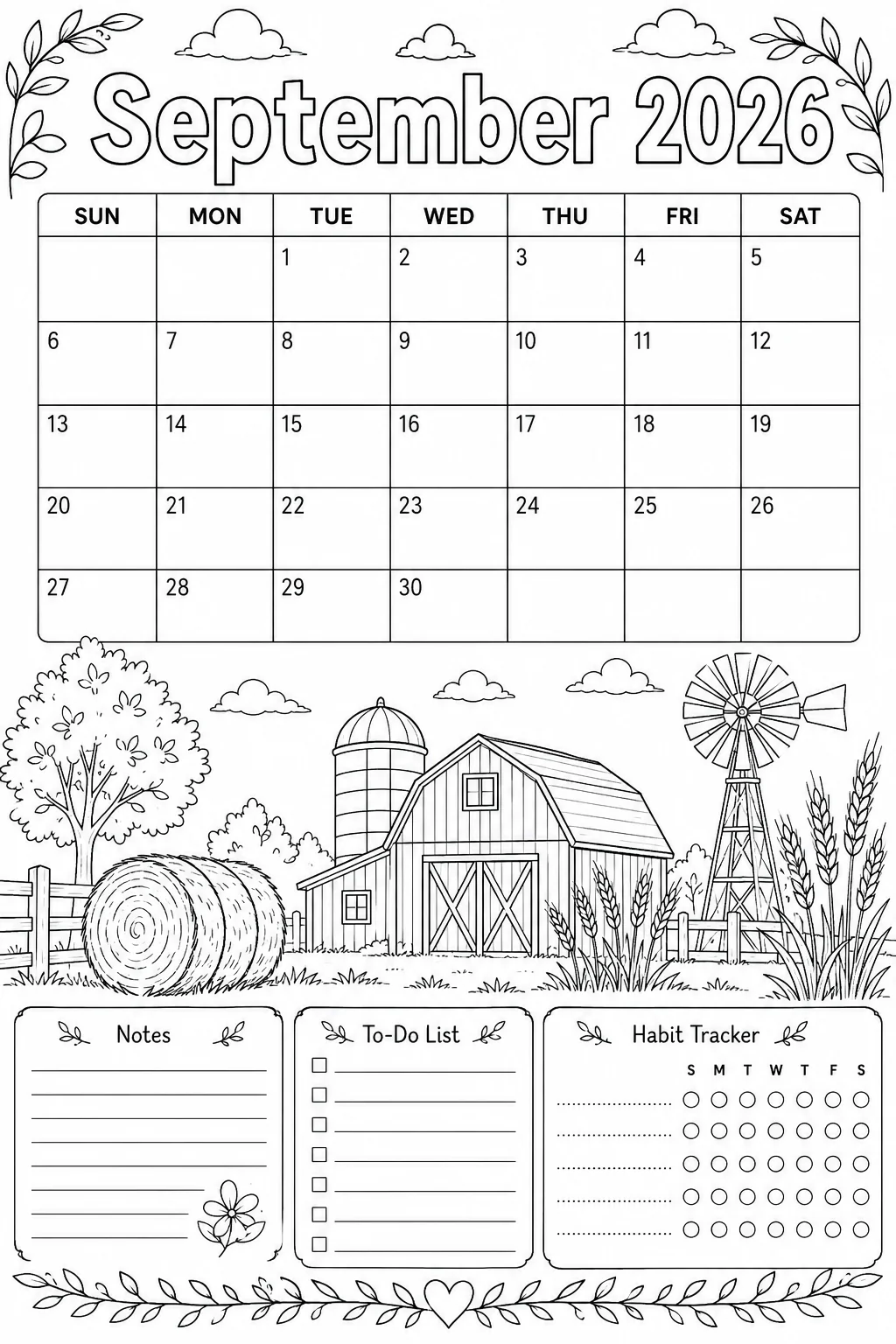 Printable September 2026 harvest farm Sunday-start planner calendar coloring sheet