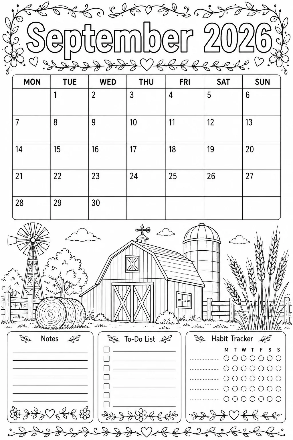 Printable September 2026 harvest farm Monday-start planner calendar coloring sheet