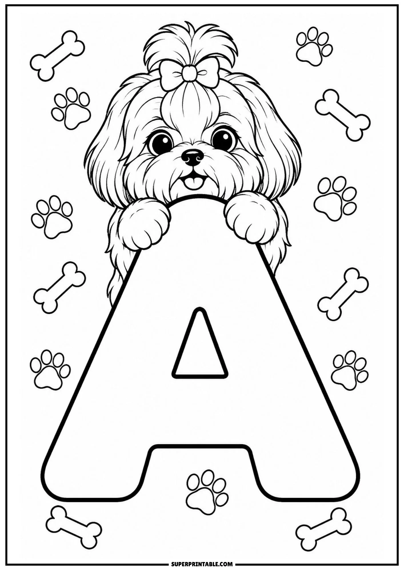 Printable shih tzu alphabet coloring pages featuring a cute puppy peeking over letter A with paw prints.
