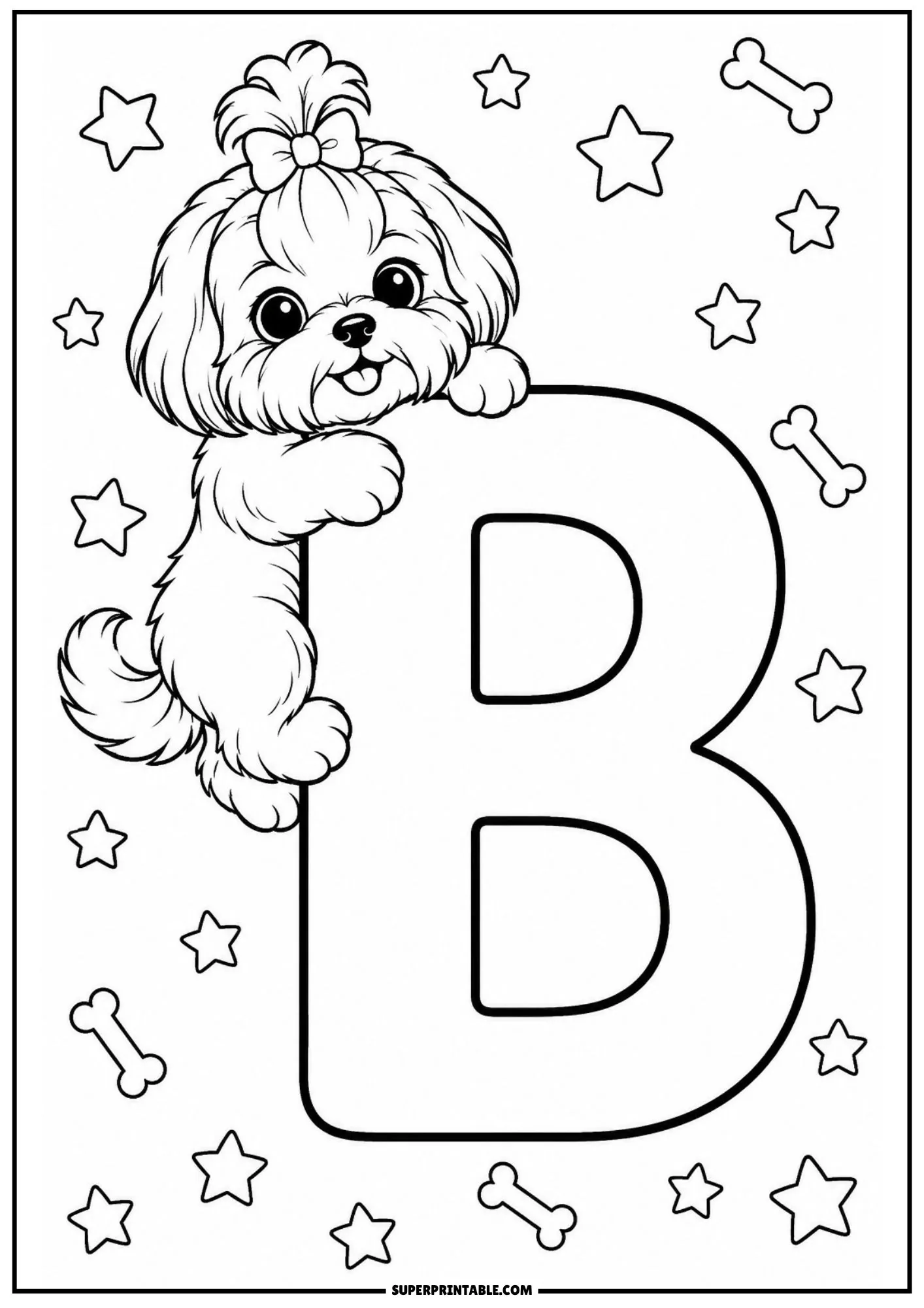 Adorable Shih Tzu puppy holding onto a large letter B outline surrounded by stars and dog bones.
