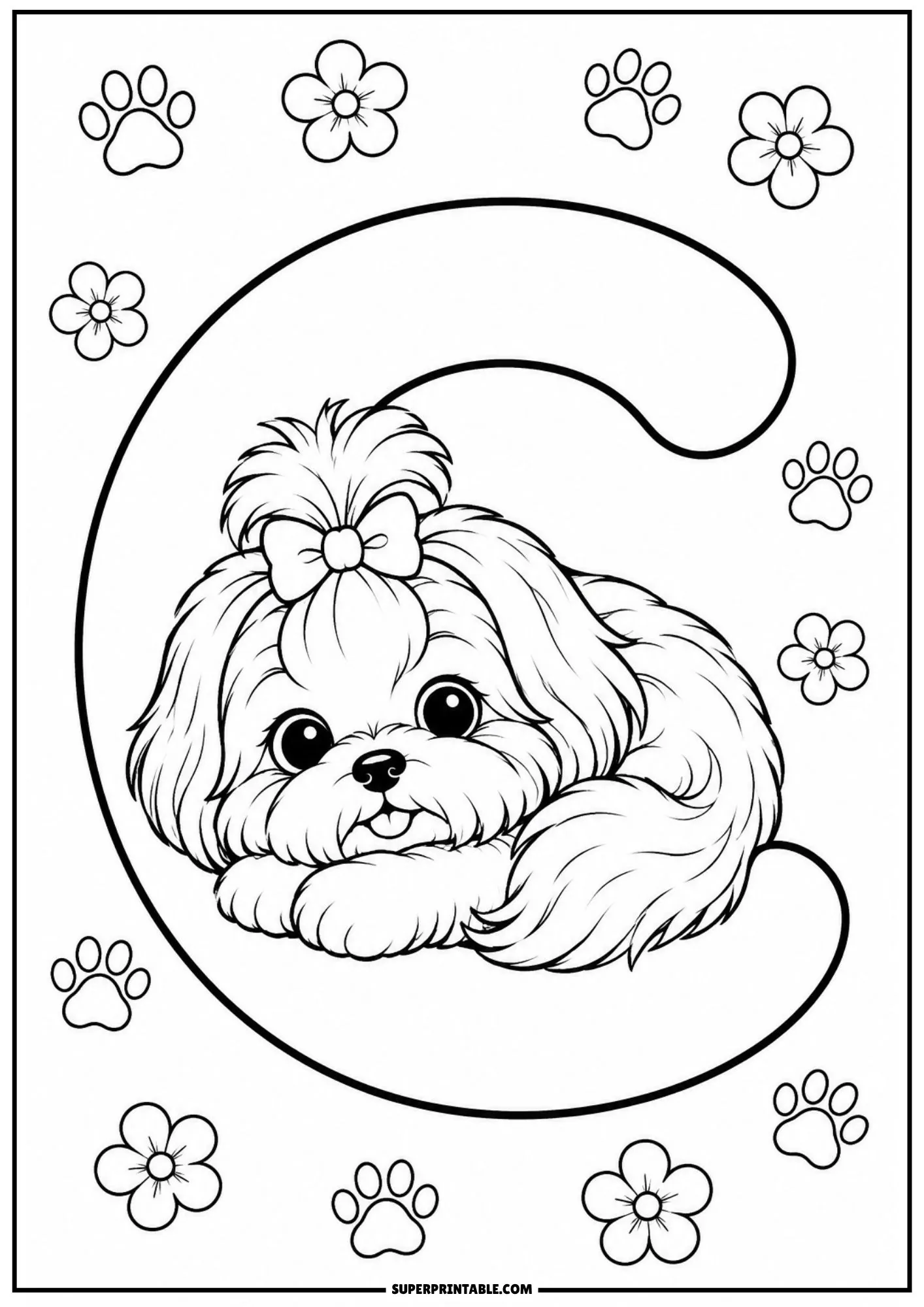 Cute fluffy Shih Tzu dog resting comfortably inside a big capital letter C surrounded by simple flowers.
