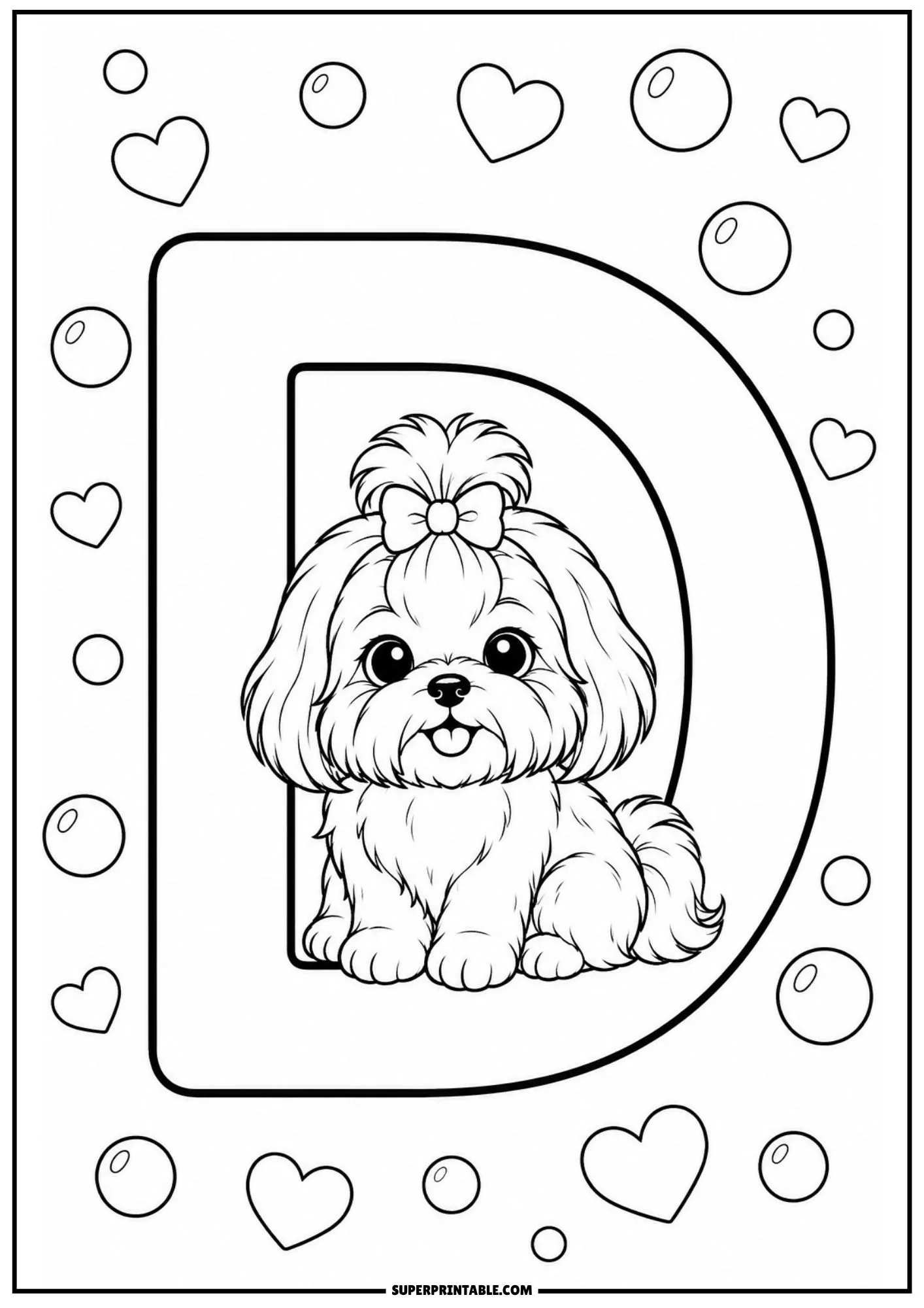 Charming Shih Tzu puppy sitting neatly inside a large letter D frame surrounded by hearts and bubbles.