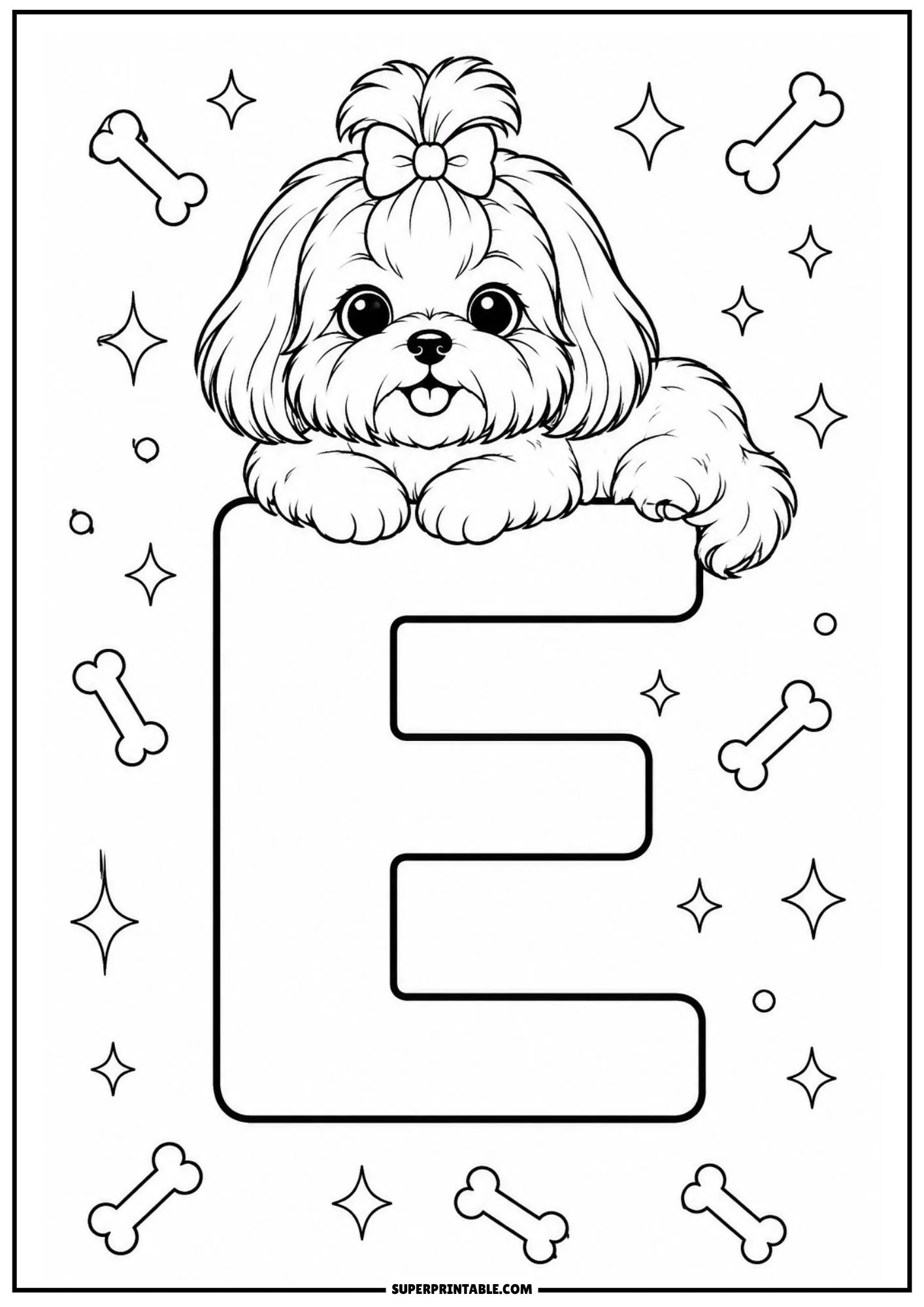 Happy Shih Tzu dog lying atop a big uppercase letter E outline decorated with sparkles and bones.