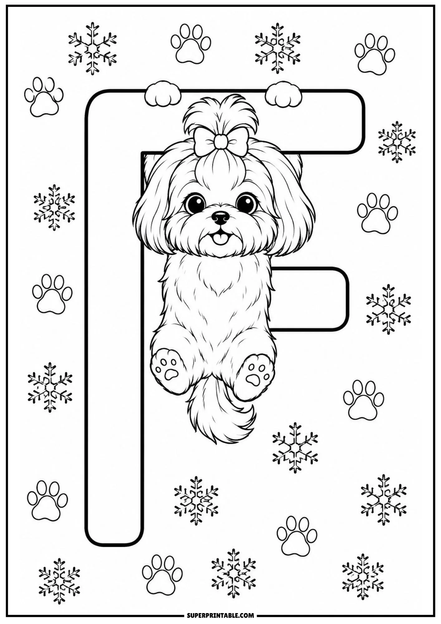 Playful Shih Tzu dog hanging from a capital letter F with falling snowflakes and paw prints around.