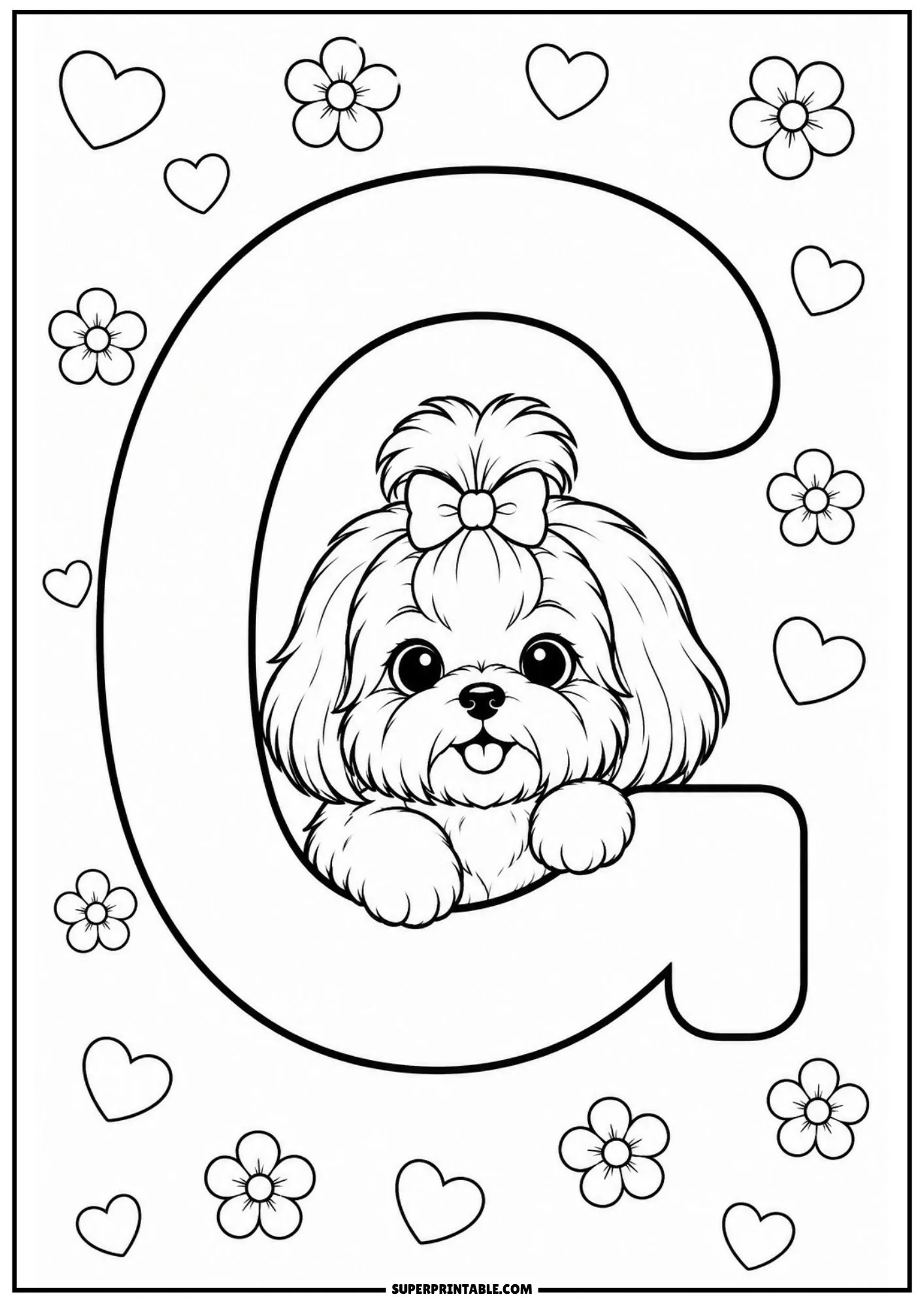 Fluffy Shih Tzu puppy looking out from inside a large letter G surrounded by hearts and simple blossoms.