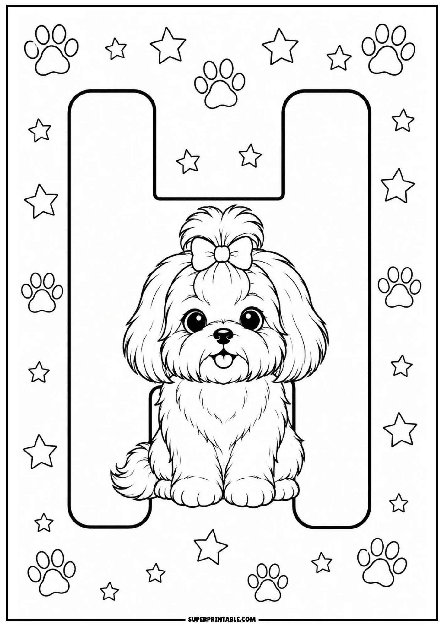 Adorable Shih Tzu dog sitting upright inside a big capital letter H surrounded by star shapes.