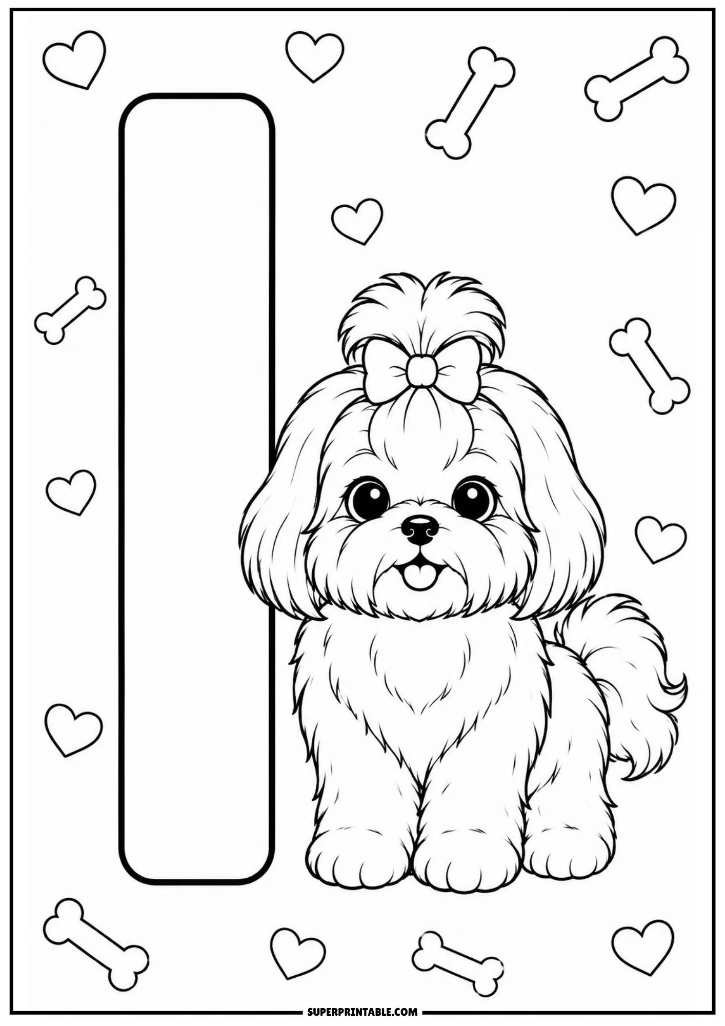 Sweet Shih Tzu dog standing next to a vertical capital letter I decorated with hearts and bones.