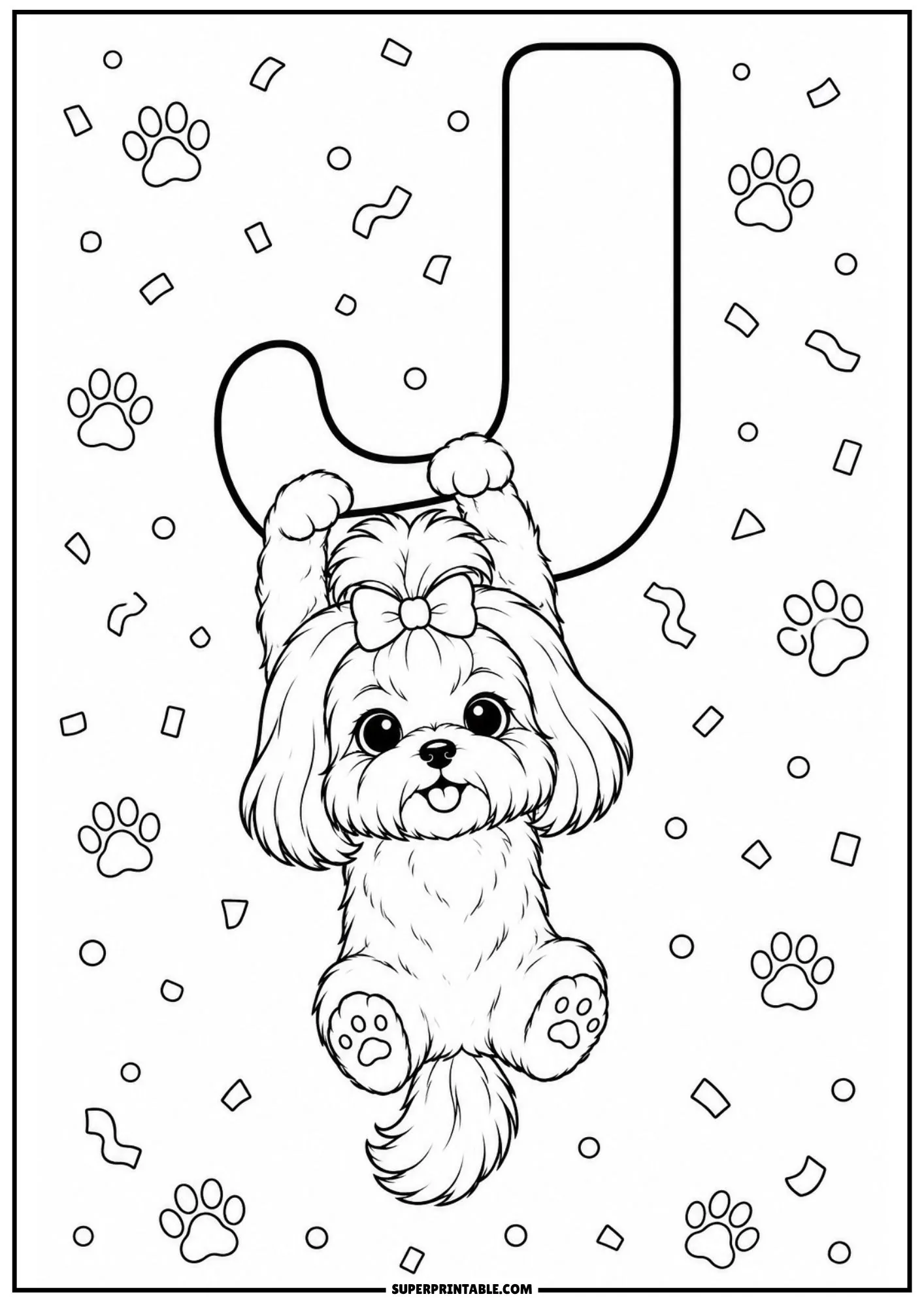 Joyful Shih Tzu puppy hanging playfully on a big letter J hook with confetti scattered around.