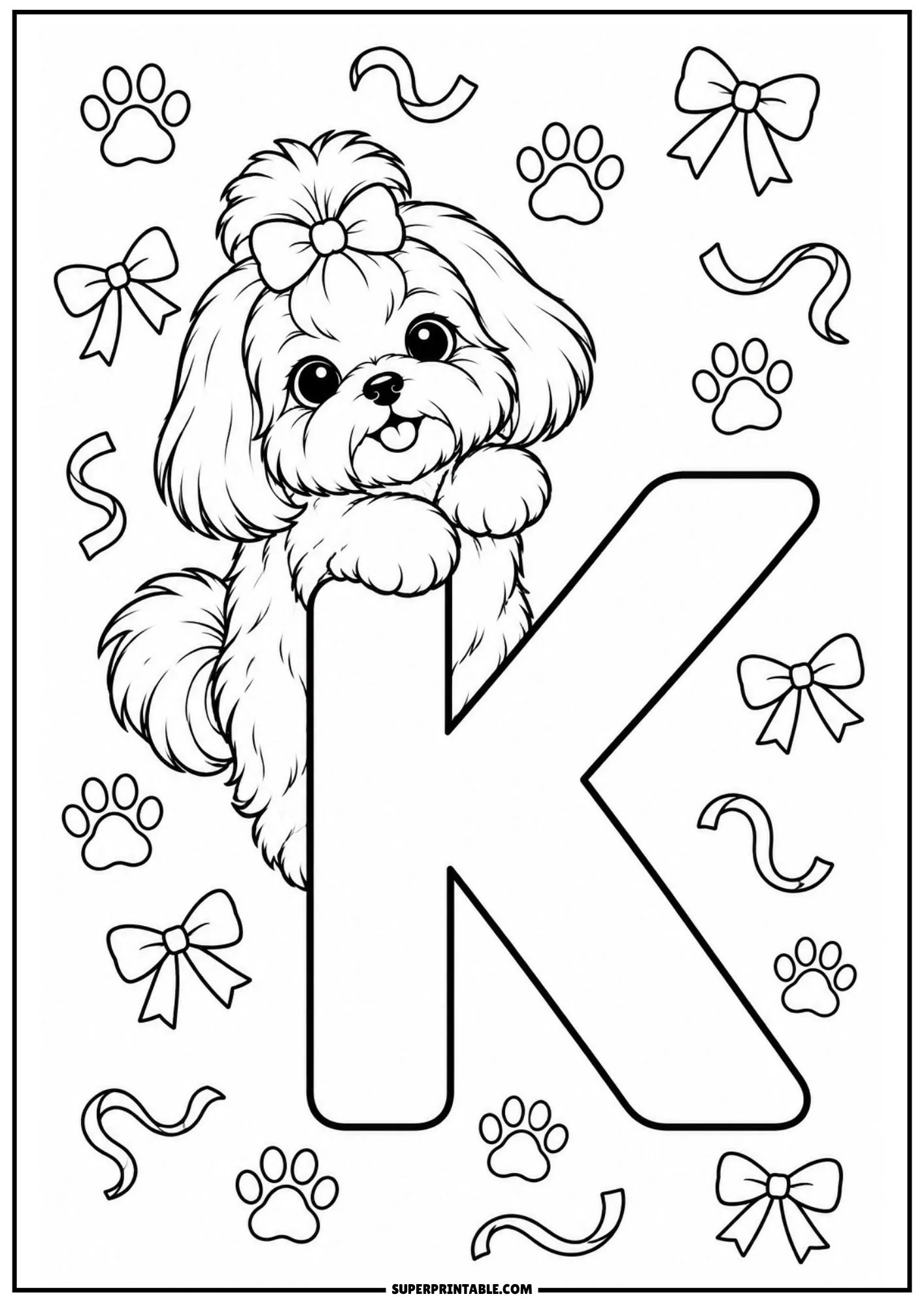Little Shih Tzu dog clinging affectionately to a large letter K decorated with bows and ribbons.