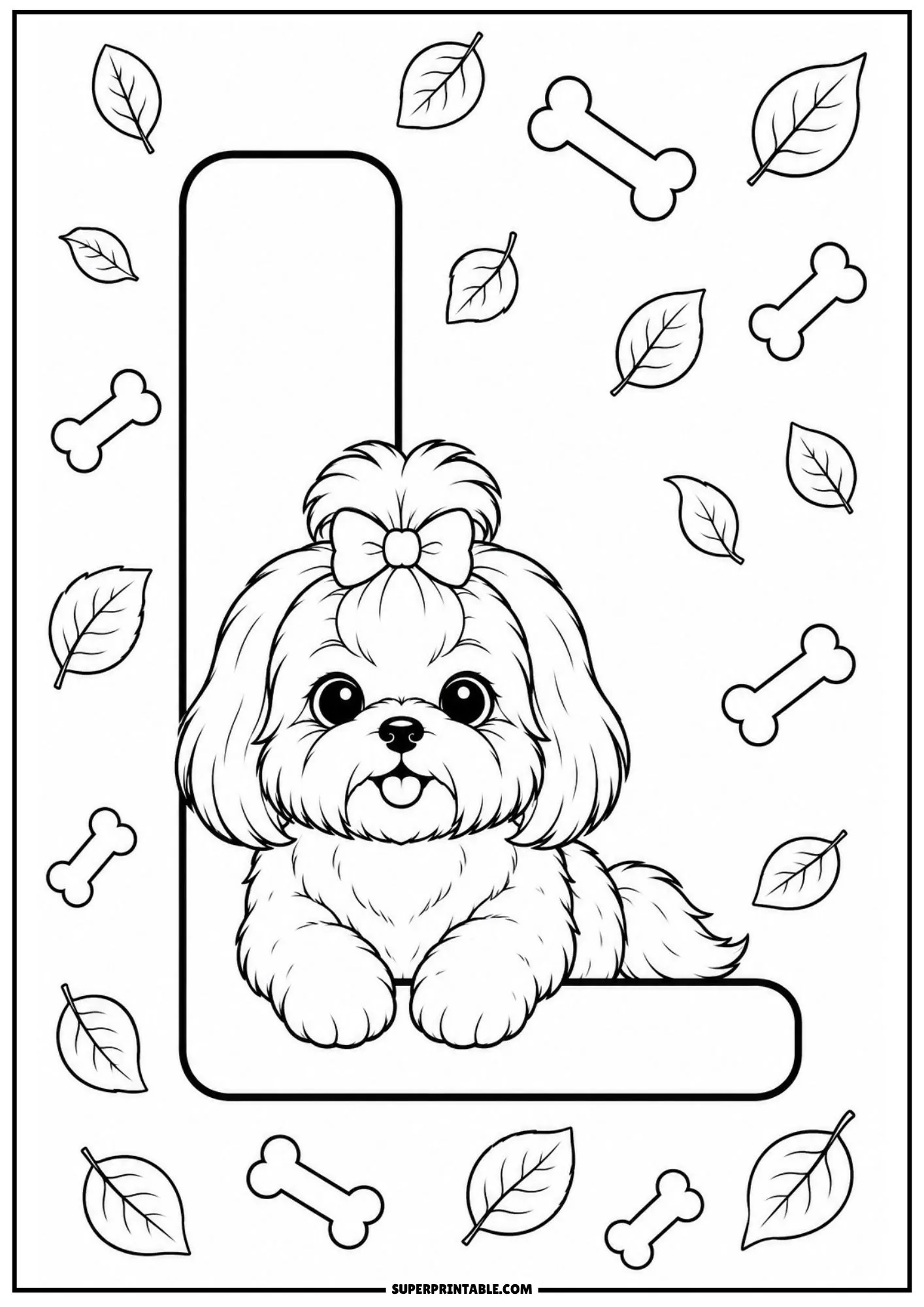 Cute Shih Tzu dog resting quietly on the base of a big letter L with leaves and bones floating.