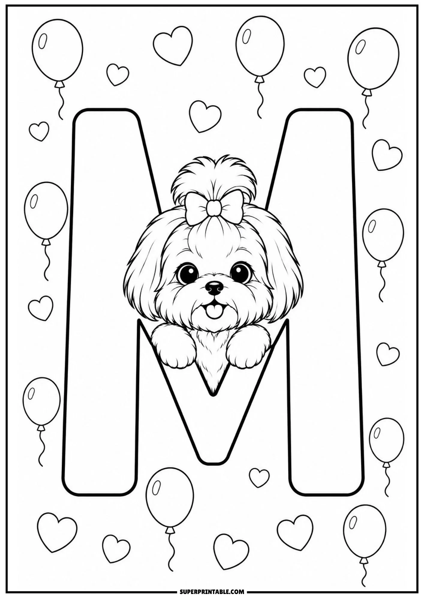 Happy Shih Tzu dog peeking through the middle of a big letter M surrounded by party balloons.