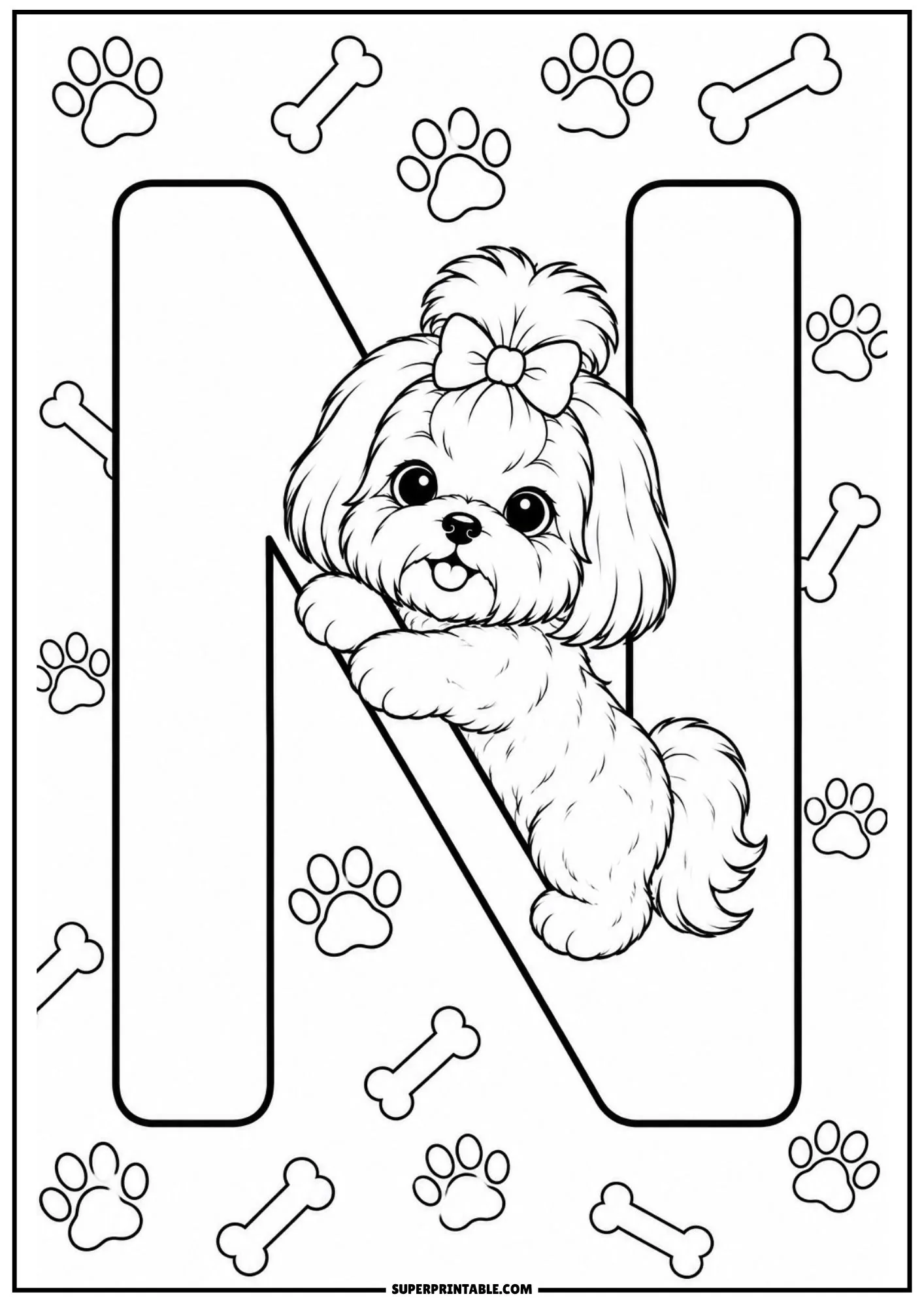 Playful Shih Tzu puppy leaning against the diagonal bar of a big letter N with bone icons.