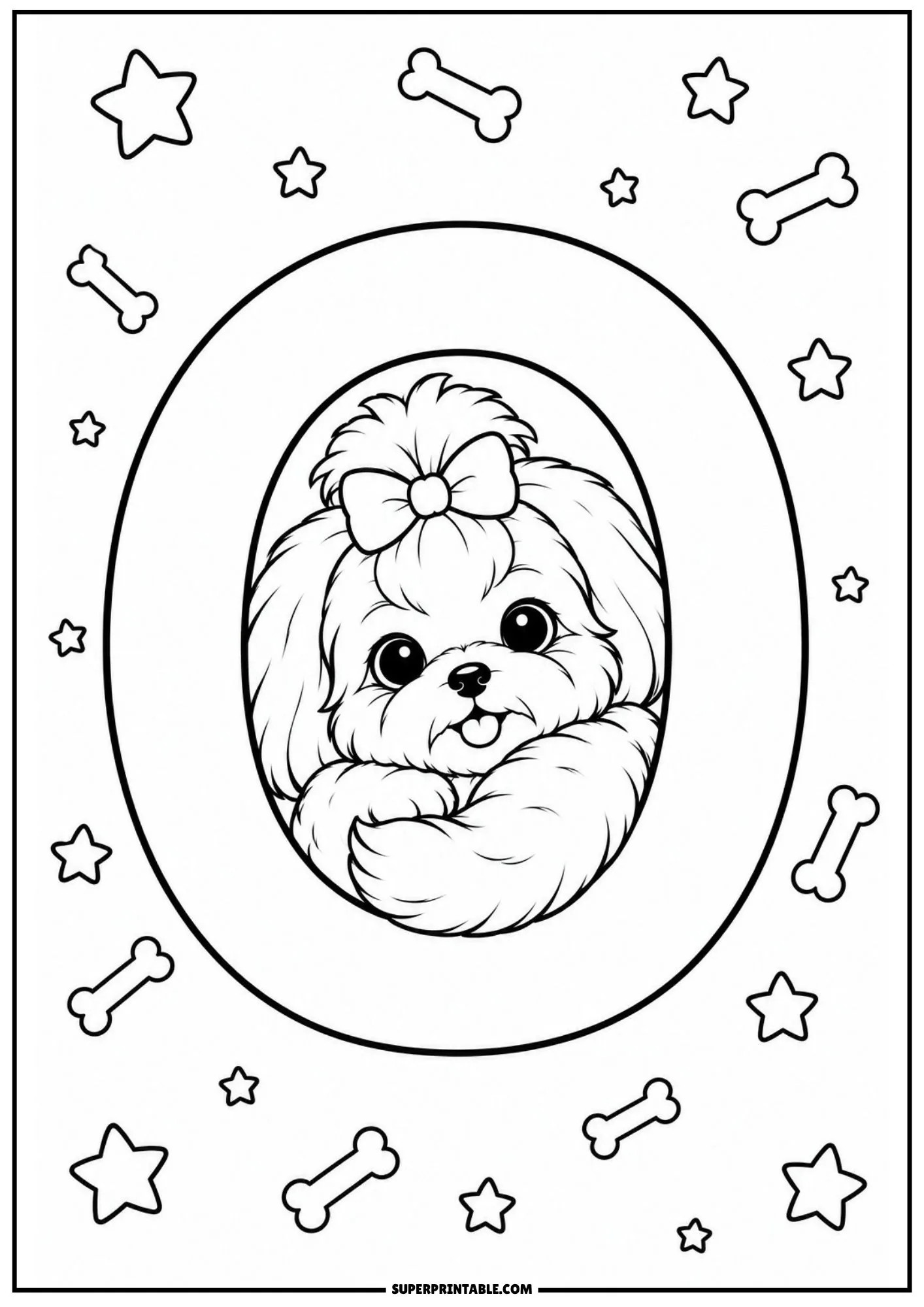Sweet Shih Tzu dog looking out from inside a large letter O frame with stars and bones around.