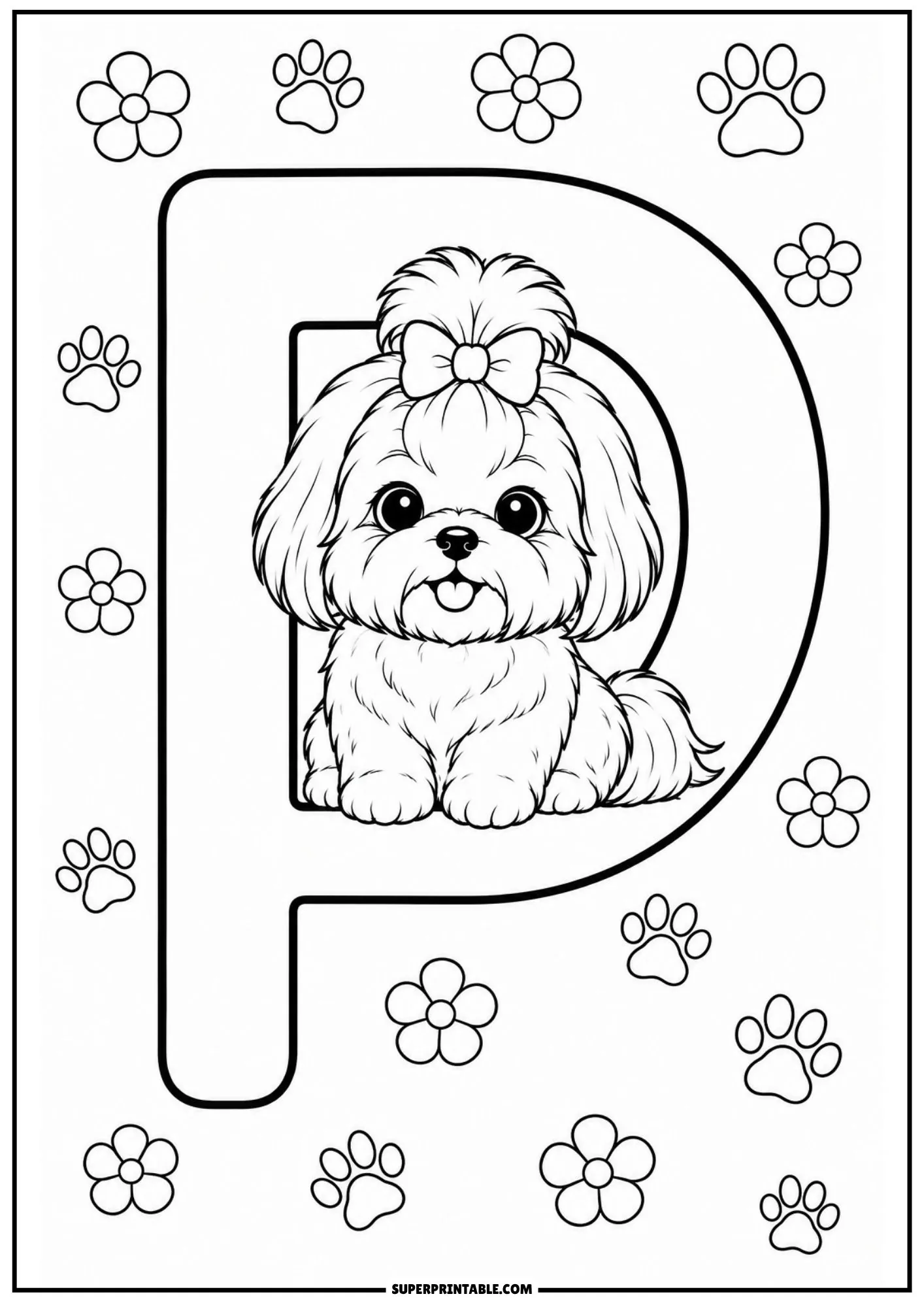 Little Shih Tzu dog sitting comfortably inside the curve of a big letter P with flowers.