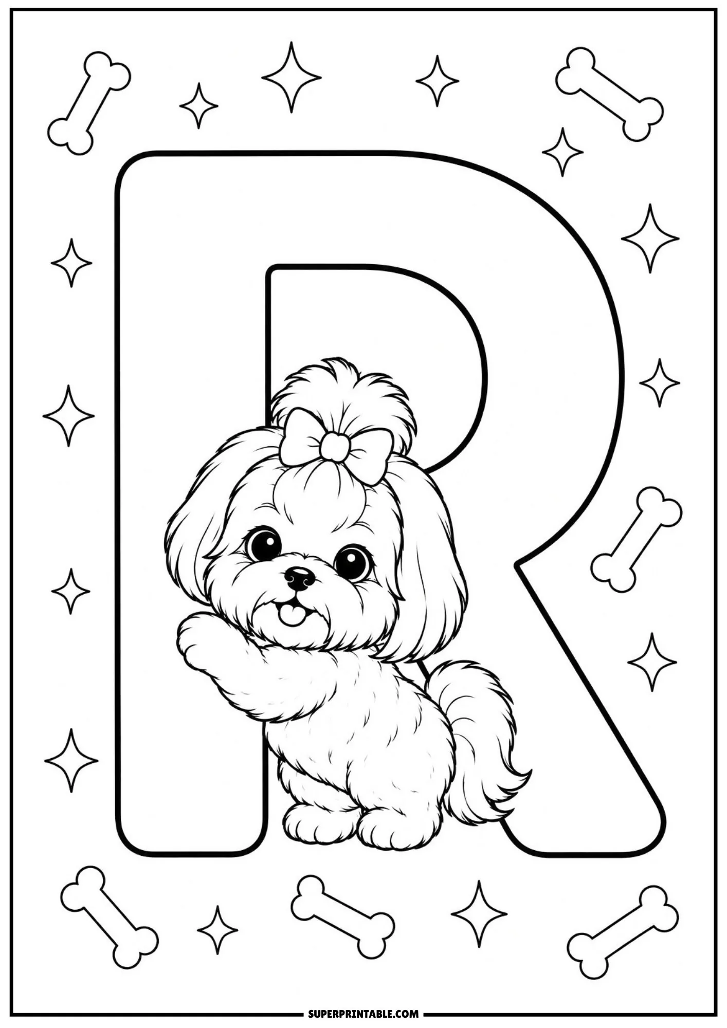 Cute Shih Tzu dog standing playfully beside the leg of a large letter R with star accents.