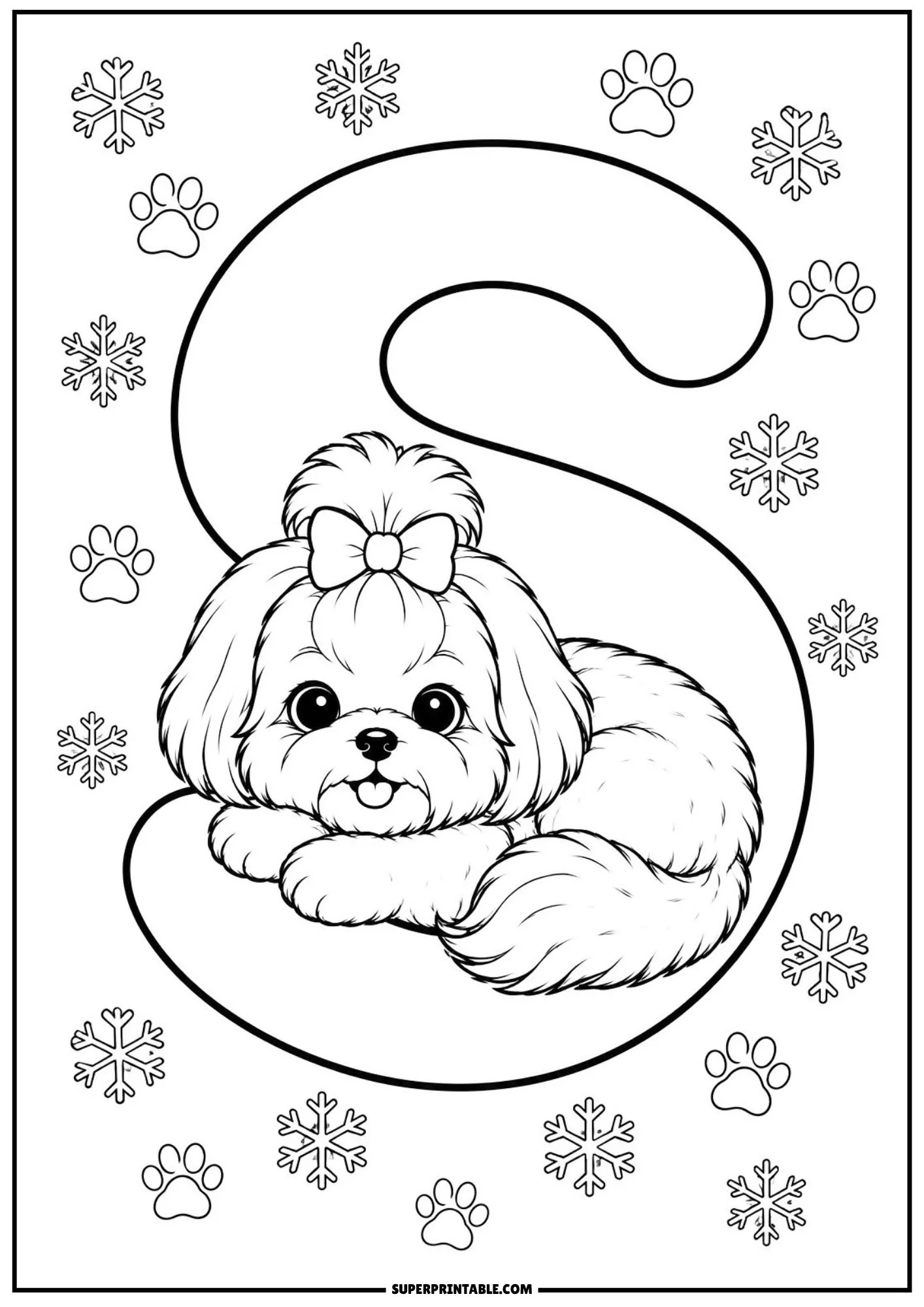 Coloring sheet of shih tzu alphabet coloring pages with a puppy resting on the curve of letter S.