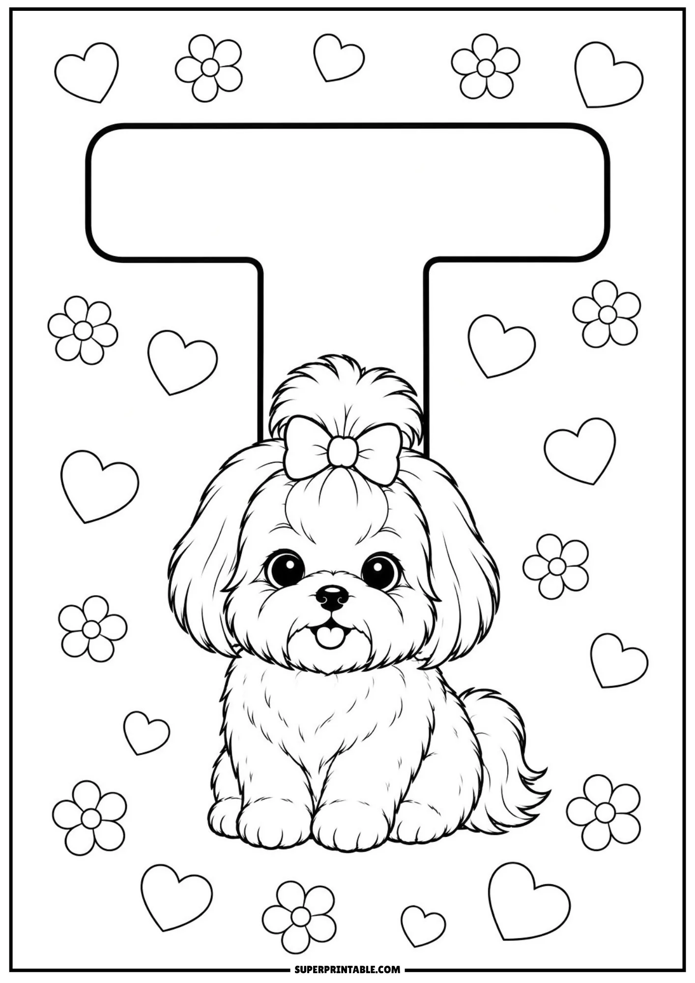 Cute Shih Tzu dog sitting under the wide top bar of a capital letter T with hearts and flowers.