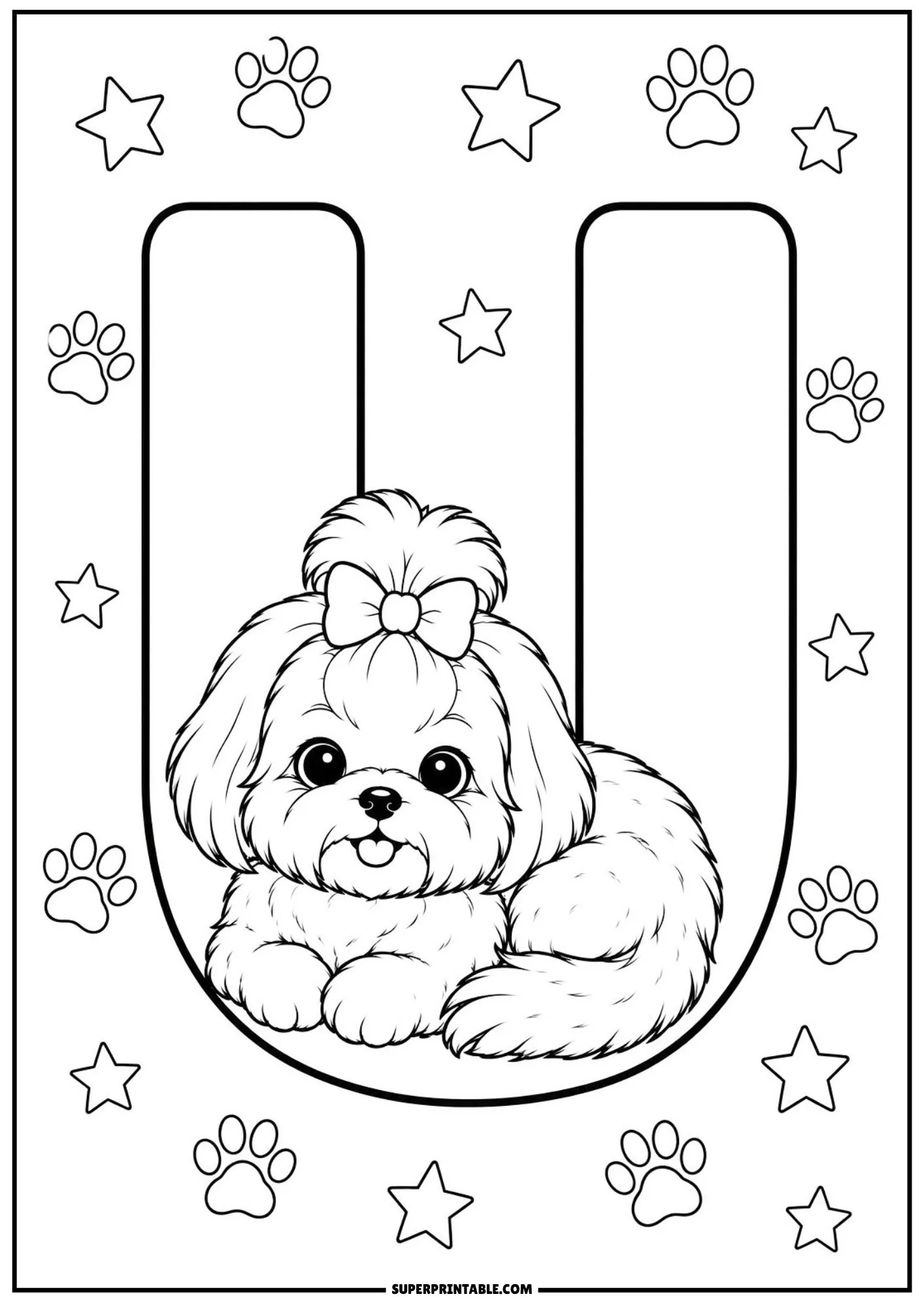 Fluffy Shih Tzu puppy resting in the rounded bottom of a large letter U with star shapes.
