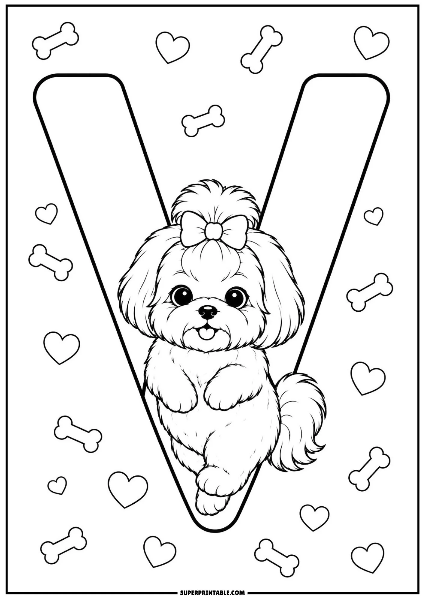 Adorable Shih Tzu dog sitting right at the center point of a big letter V with bones and hearts.