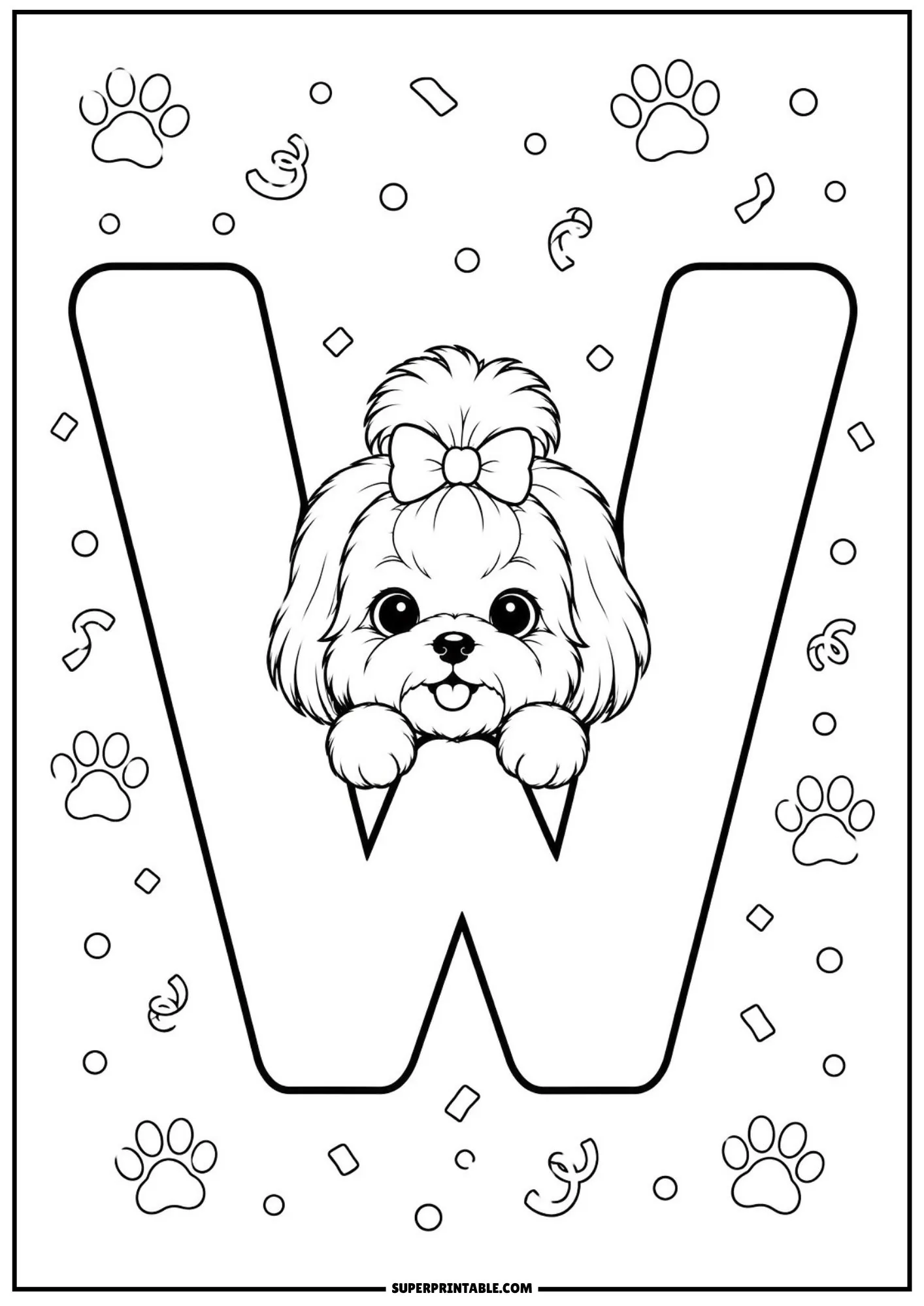 Cute Shih Tzu puppy peeking over the middle peak of a large letter W with streamer ribbons.