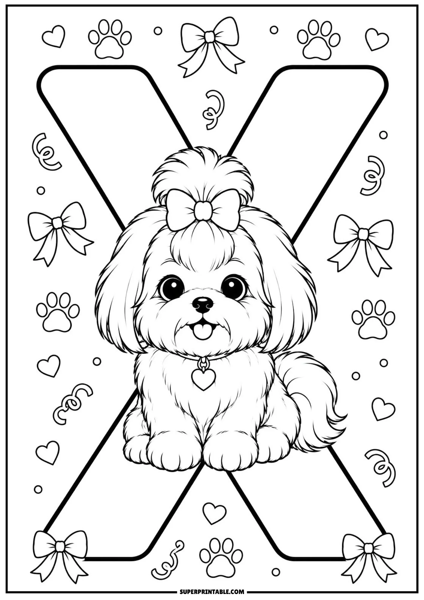 Charming Shih Tzu dog with a heart collar sitting in front of a big letter X with hair bows.