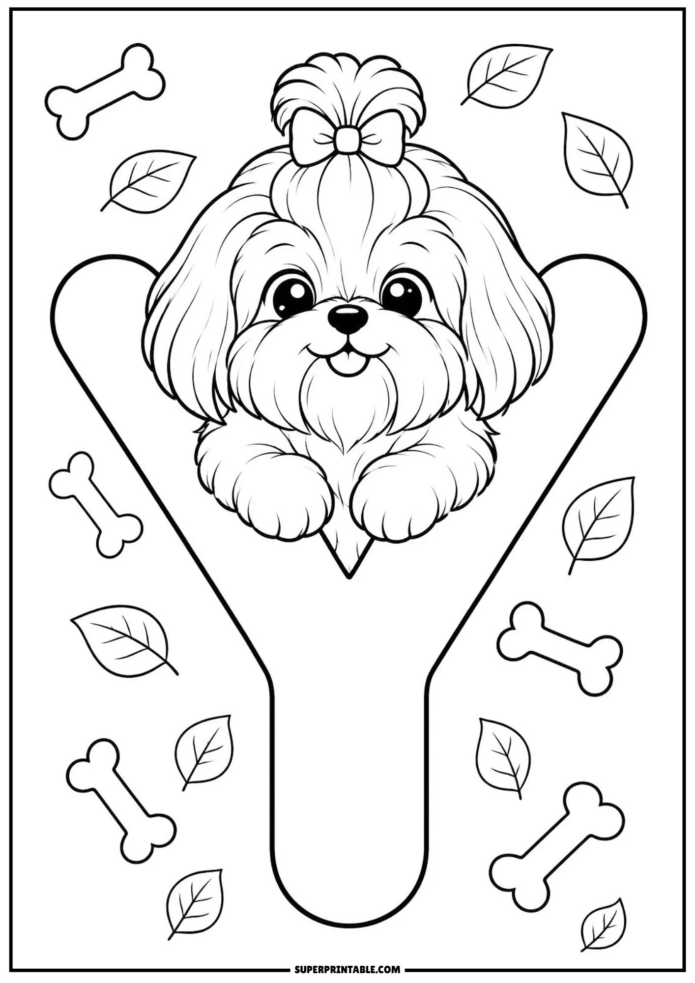 Fluffy Shih Tzu puppy sitting inside the upper fork of a capital letter Y surrounded by leaves.