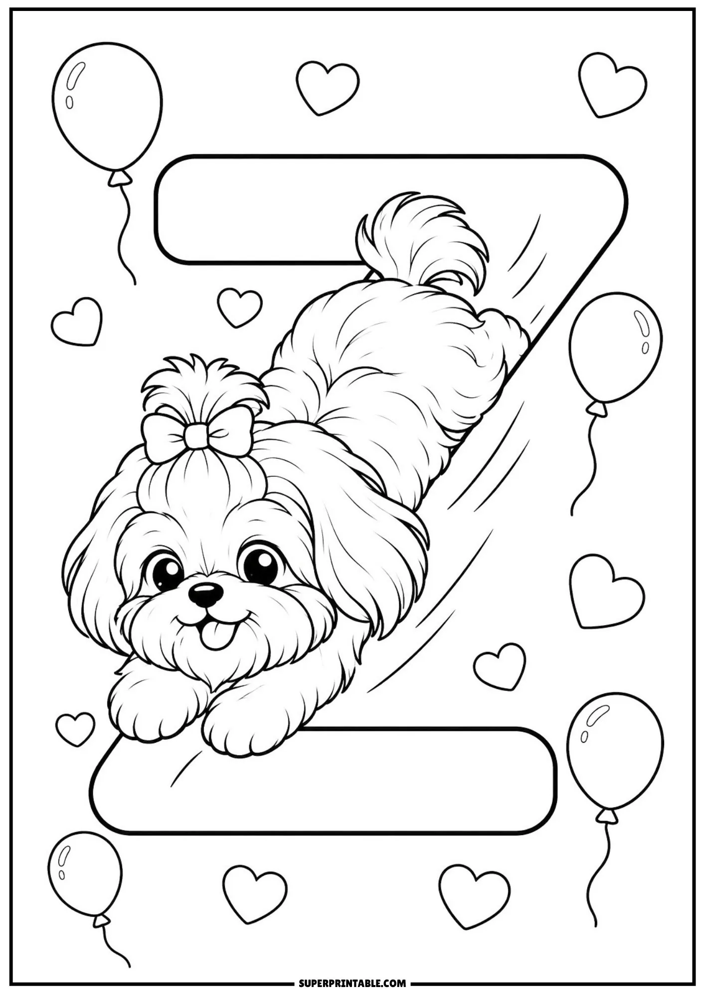 Playful Shih Tzu puppy sliding down the main diagonal line of a big letter Z with balloons.