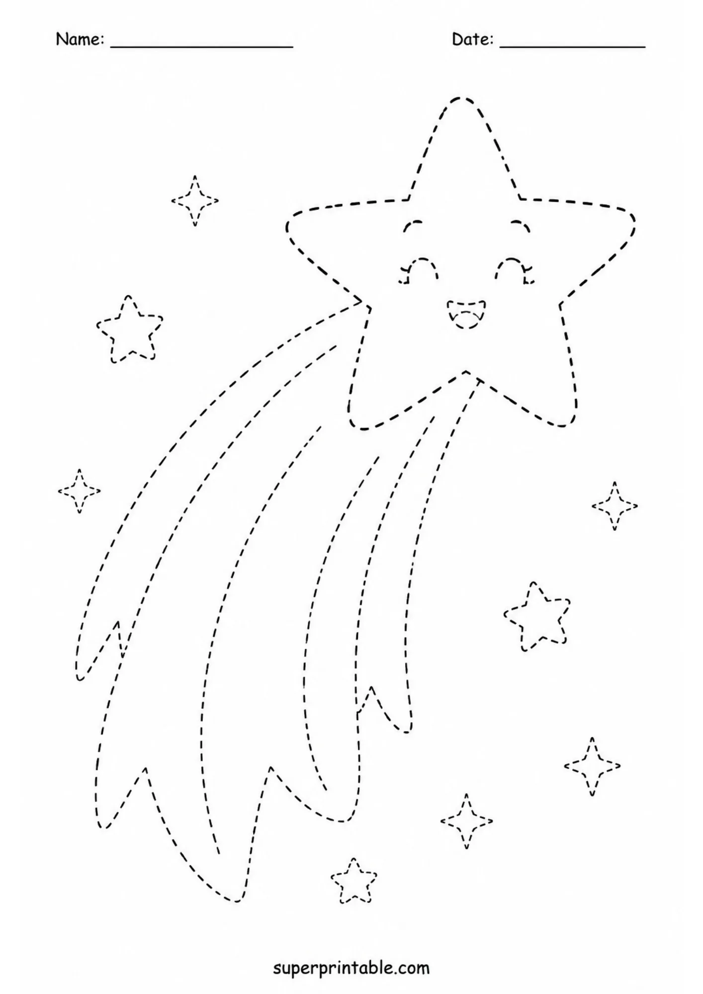Shooting star with a happy face leaving a long dashed trail across space.