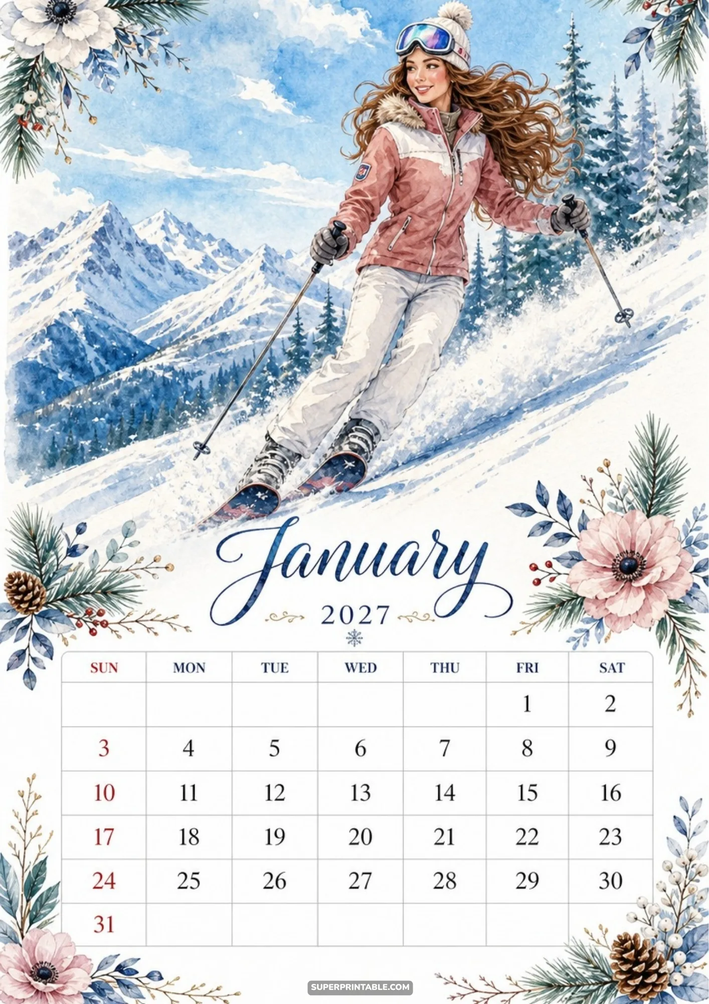 A woman in a pink ski jacket and goggles glides down a steep snowy mountain slope during a sunny winter day