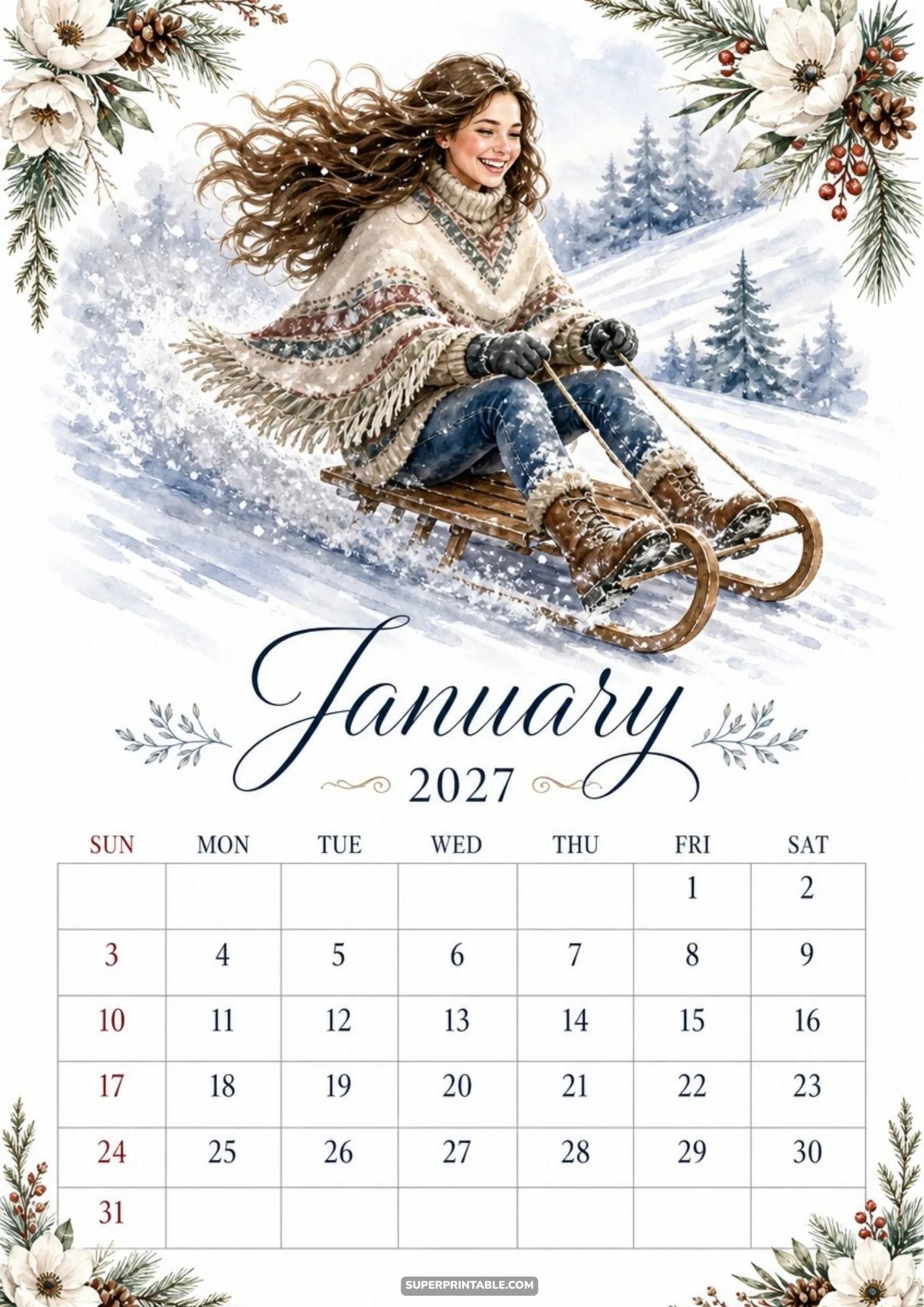 A smiling woman in a patterned poncho slides down a snowy hill on a vintage wooden sled