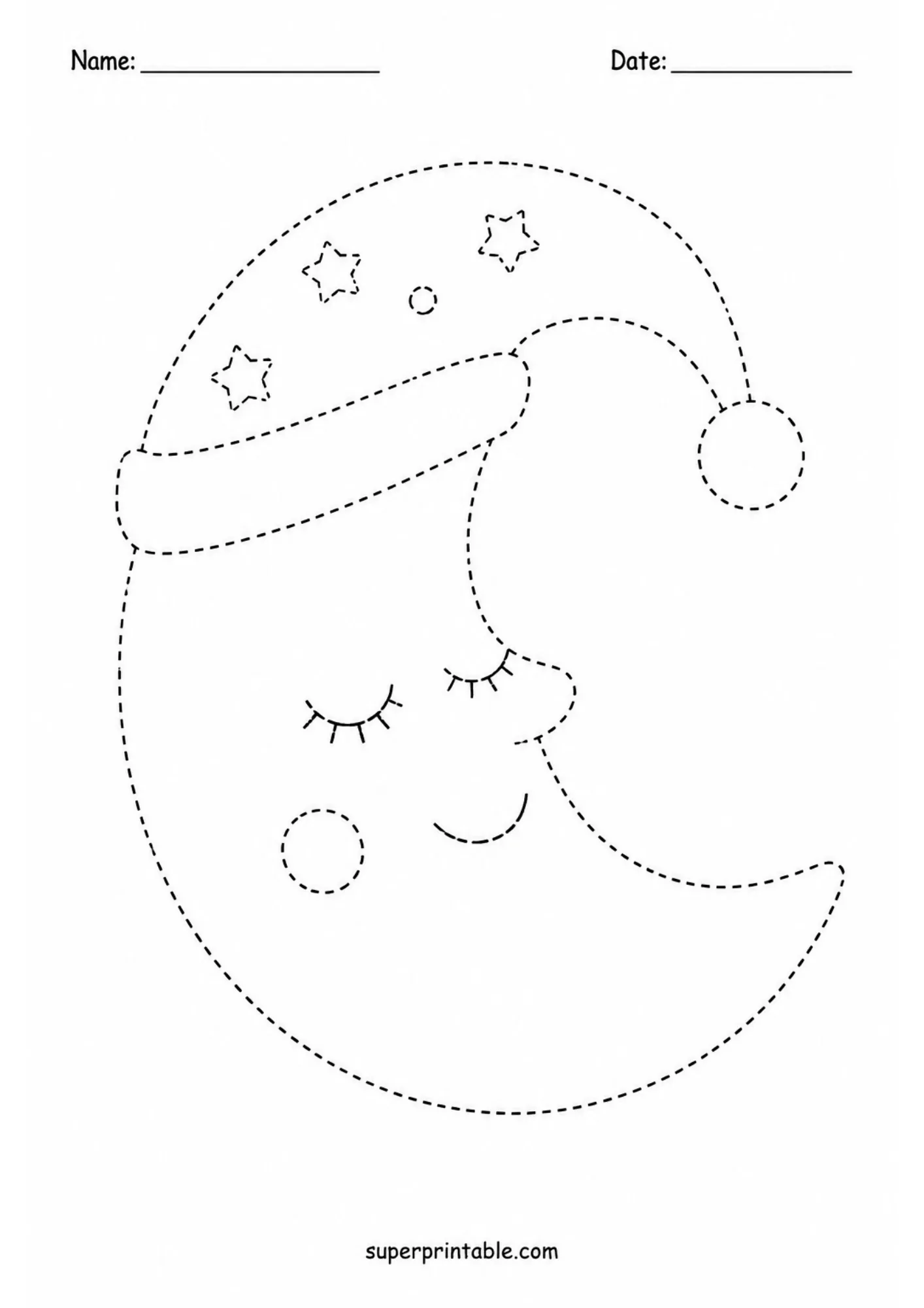 Sleeping crescent moon wearing a star nightcap in stars and sky activity worksheets.