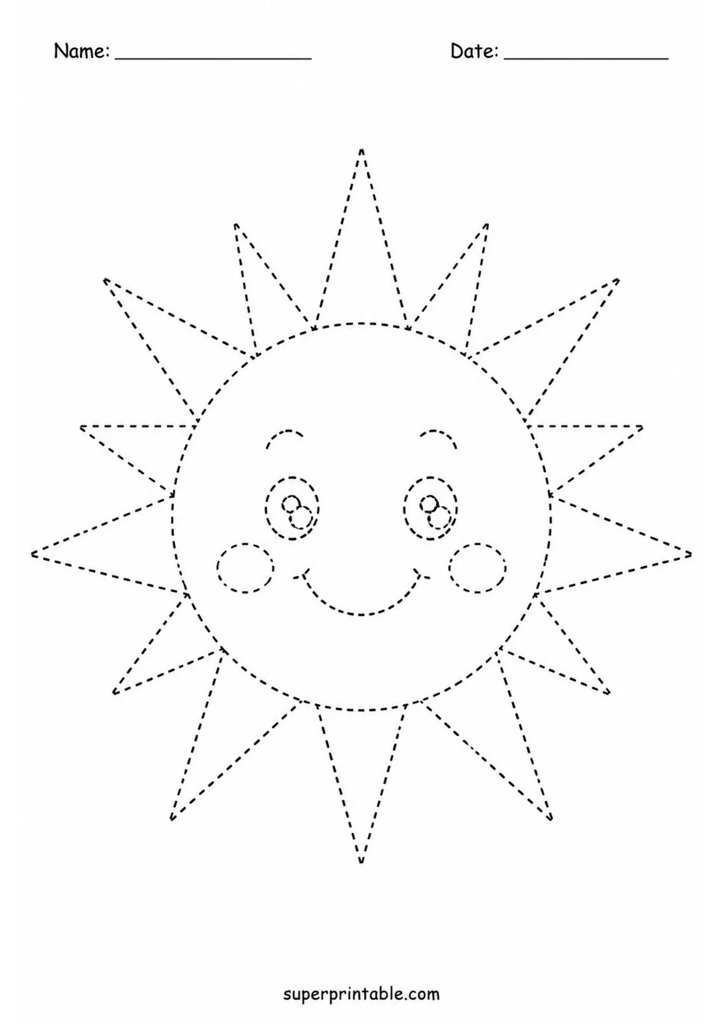 Smiling cartoon sun with pointed rays line tracing activity worksheet for children.