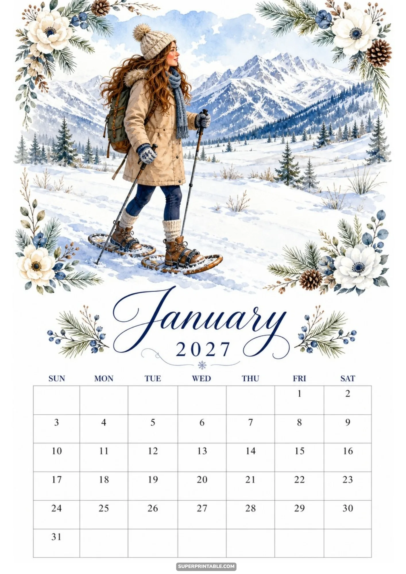 A woman with a backpack and poles snowshoes along a snowy trail in front of majestic winter mountains